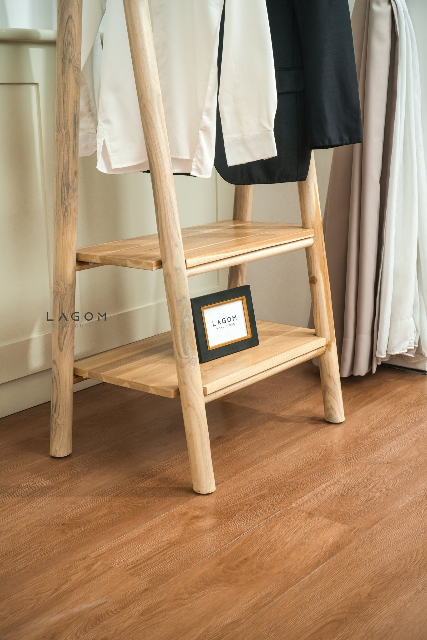 Teak Standing Coat Hanger with Two Shelves - Standing Coat Hanger - Lagom Home Boutique
