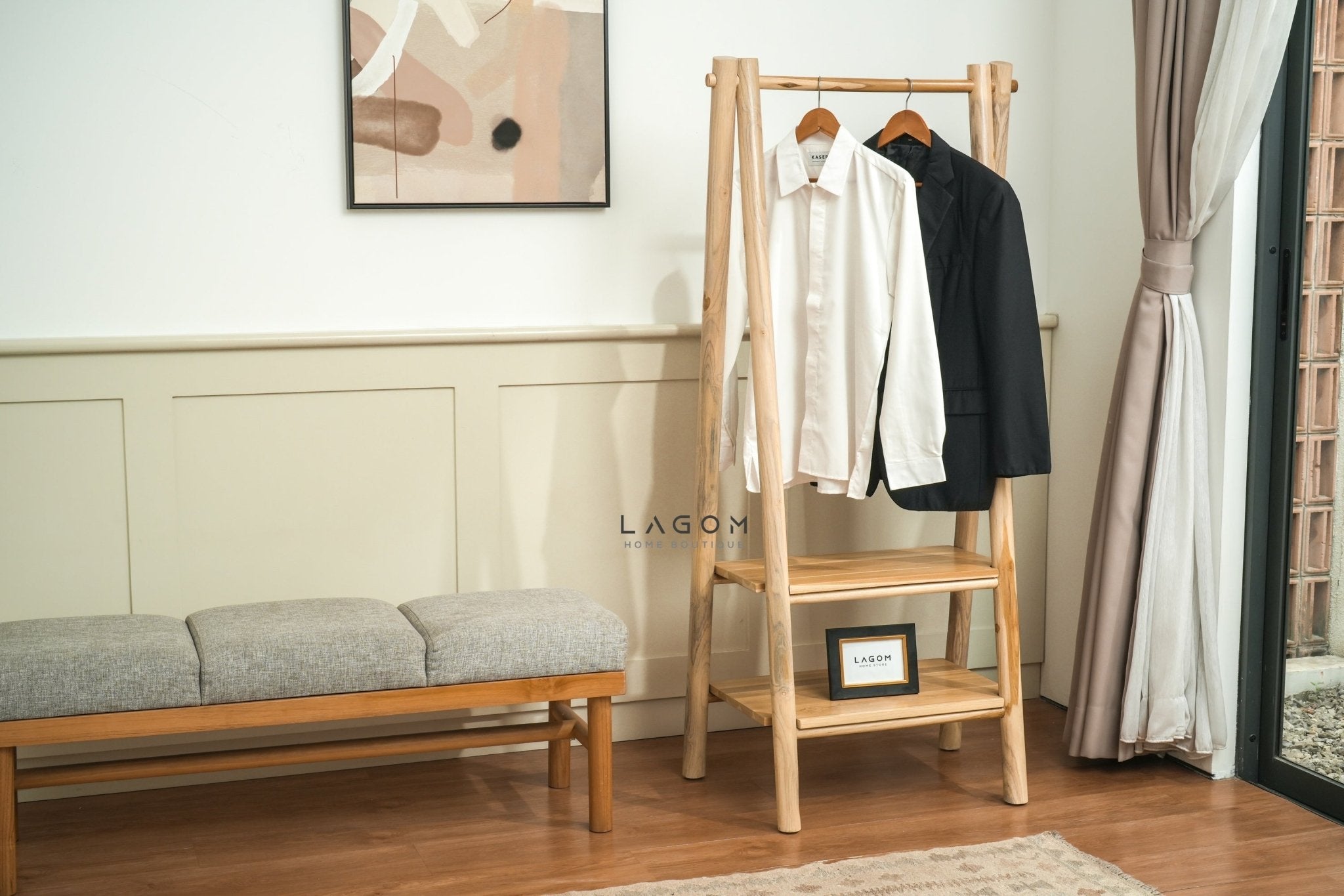 Teak Standing Coat Hanger with Two Shelves - Standing Coat Hanger - Lagom Home Boutique