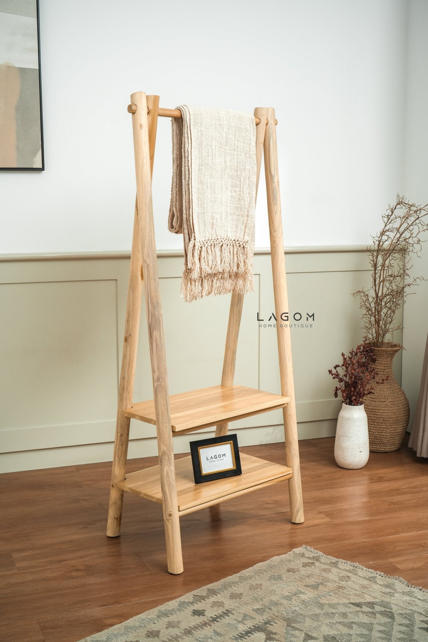 Teak Standing Coat Hanger with Two Shelves - Standing Coat Hanger - Lagom Home Boutique