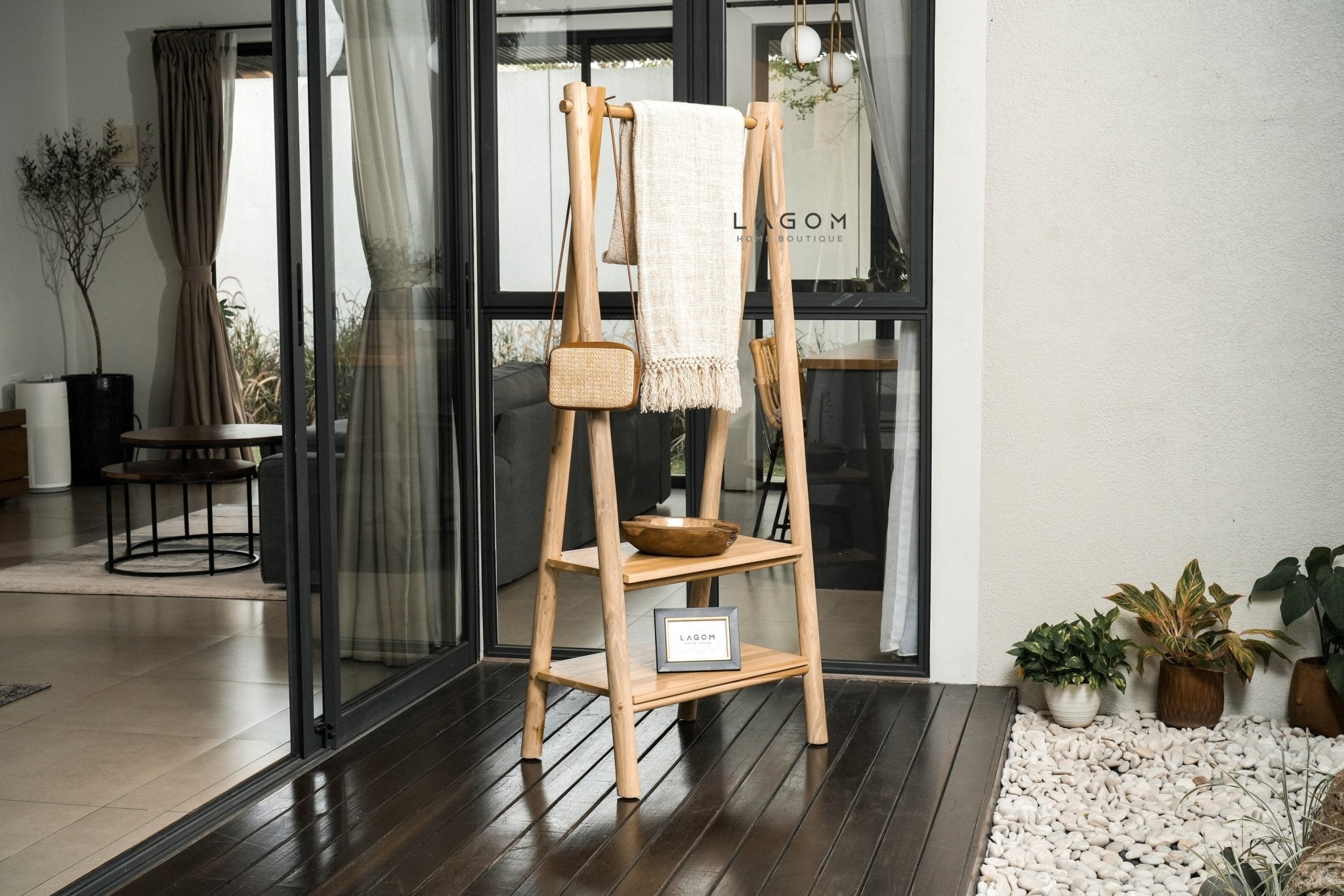 Teak Standing Coat Hanger with Two Shelves - Standing Coat Hanger - Lagom Home Boutique