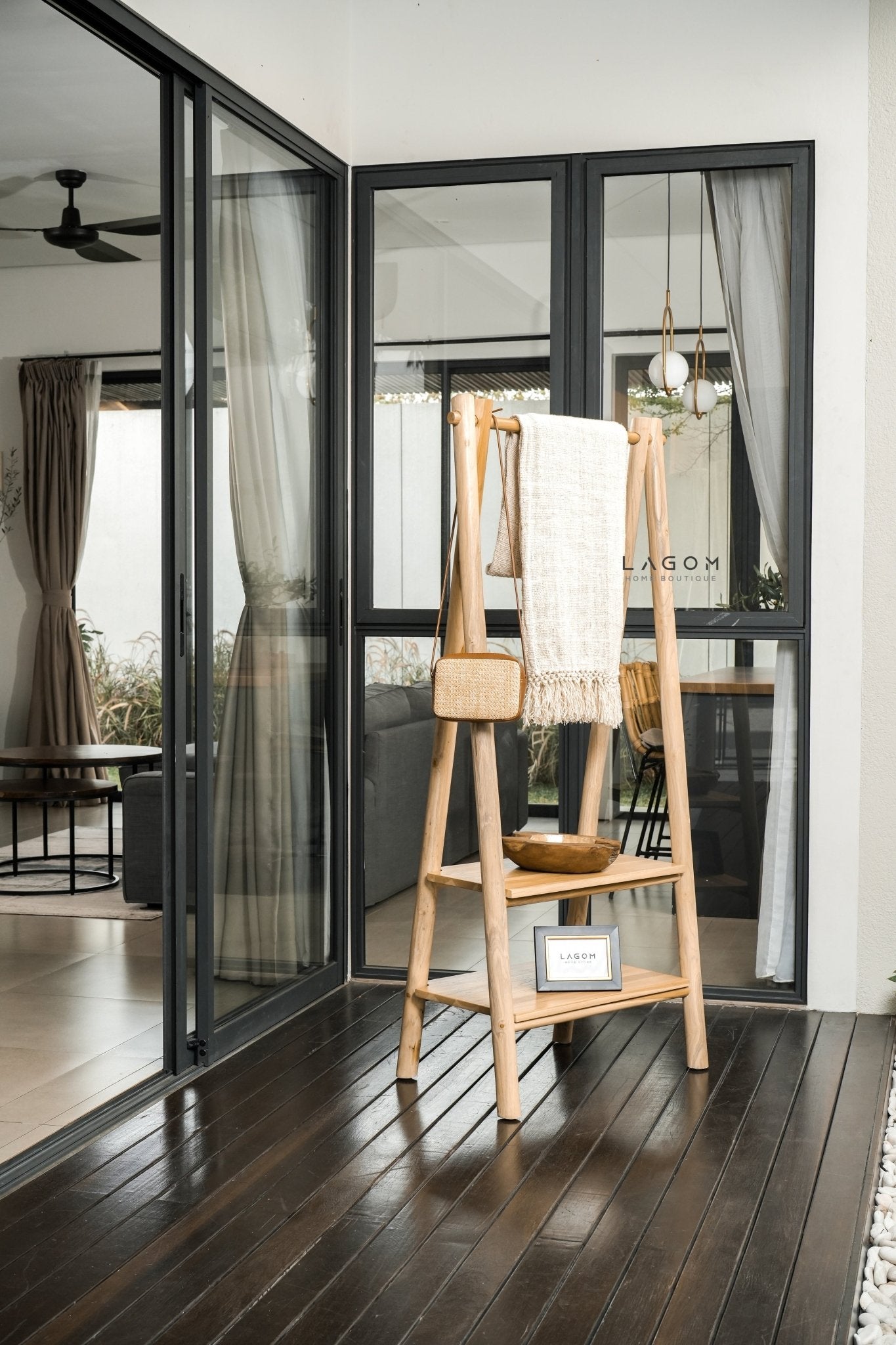 Teak Standing Coat Hanger with Two Shelves - Standing Coat Hanger - Lagom Home Boutique