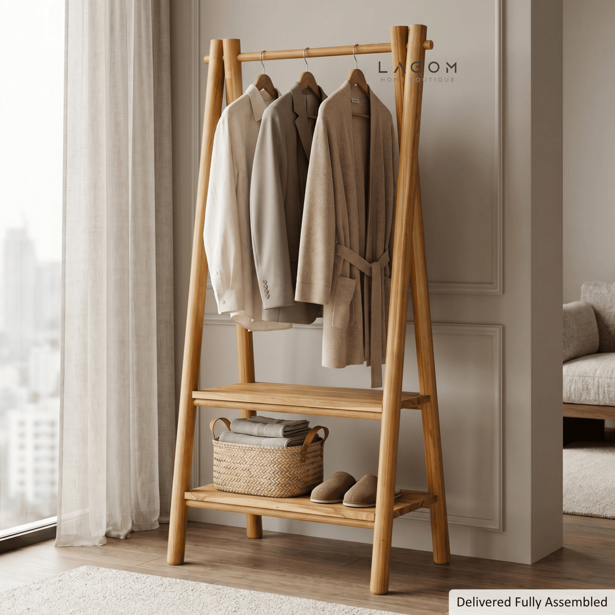Teak Standing Coat Hanger with Two Shelves-Standing Coat Hanger-Lagom Home Boutique