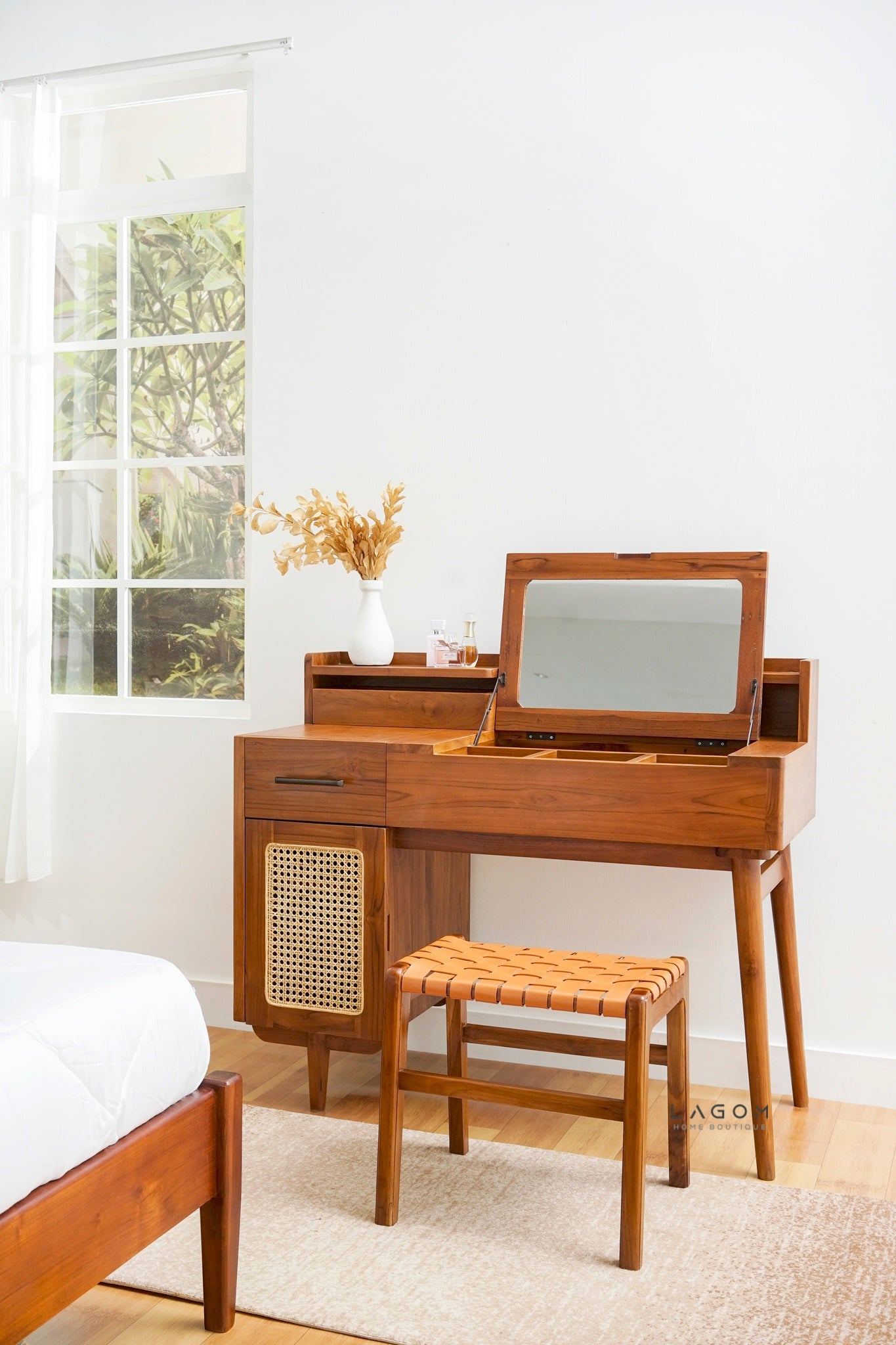 Teak Vanity Stool with Genuine Leather Weave - Chair - Lagom Home Boutique