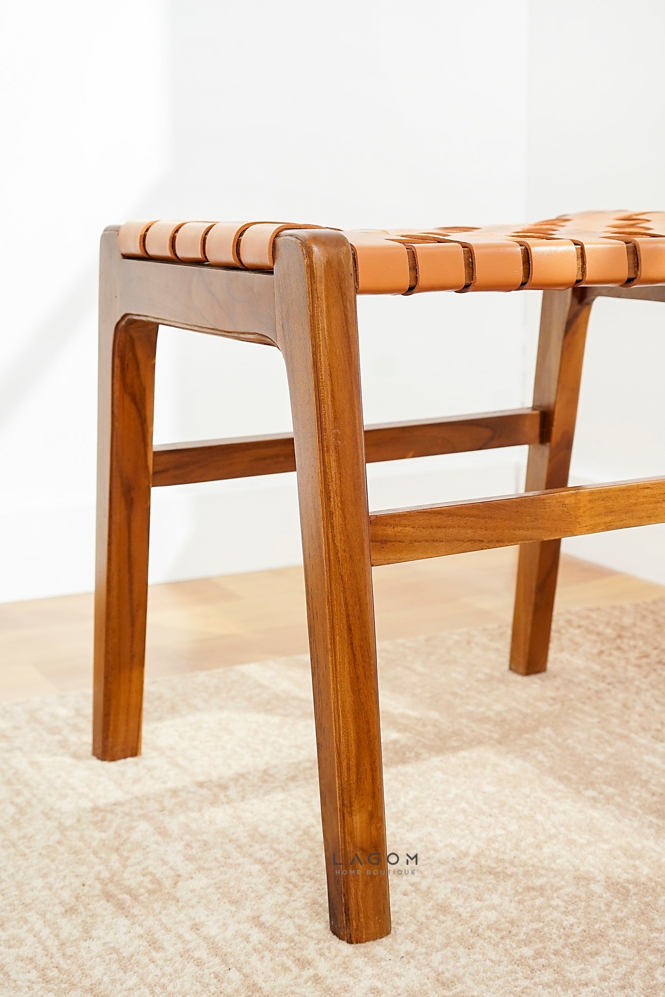 Teak Vanity Stool with Genuine Leather Weave - Chair - Lagom Home Boutique