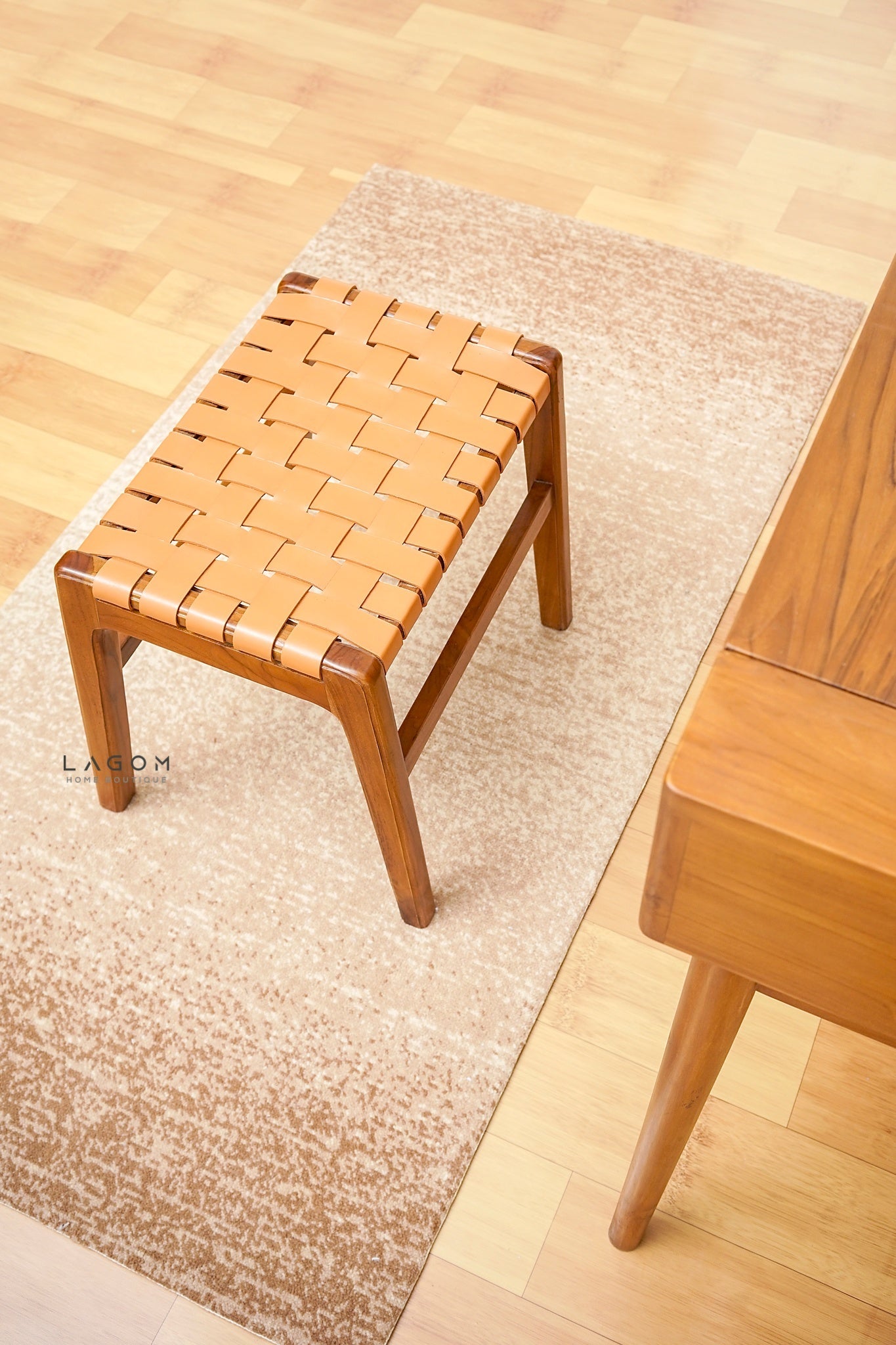 Teak Vanity Stool with Genuine Leather Weave - Chair - Lagom Home Boutique