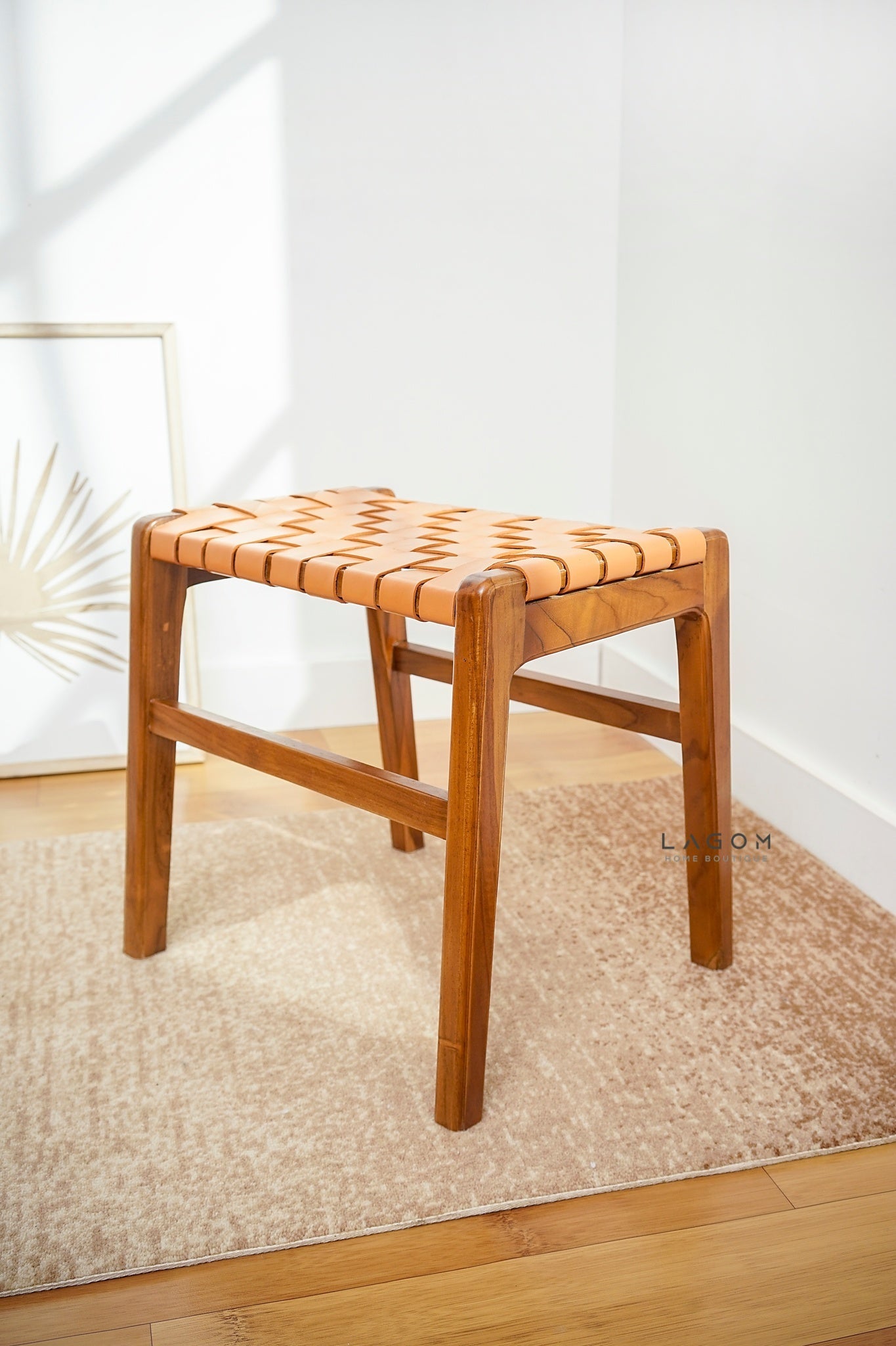 Teak Vanity Stool with Genuine Leather Weave - Chair - Lagom Home Boutique