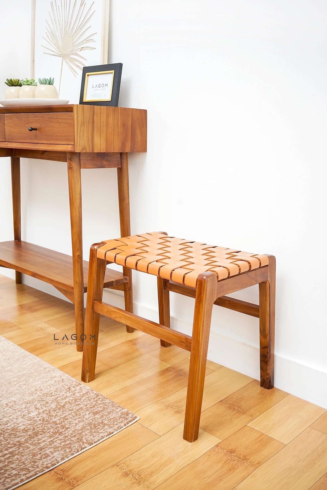 Teak Vanity Stool with Genuine Leather Weave - Chair - Lagom Home Boutique