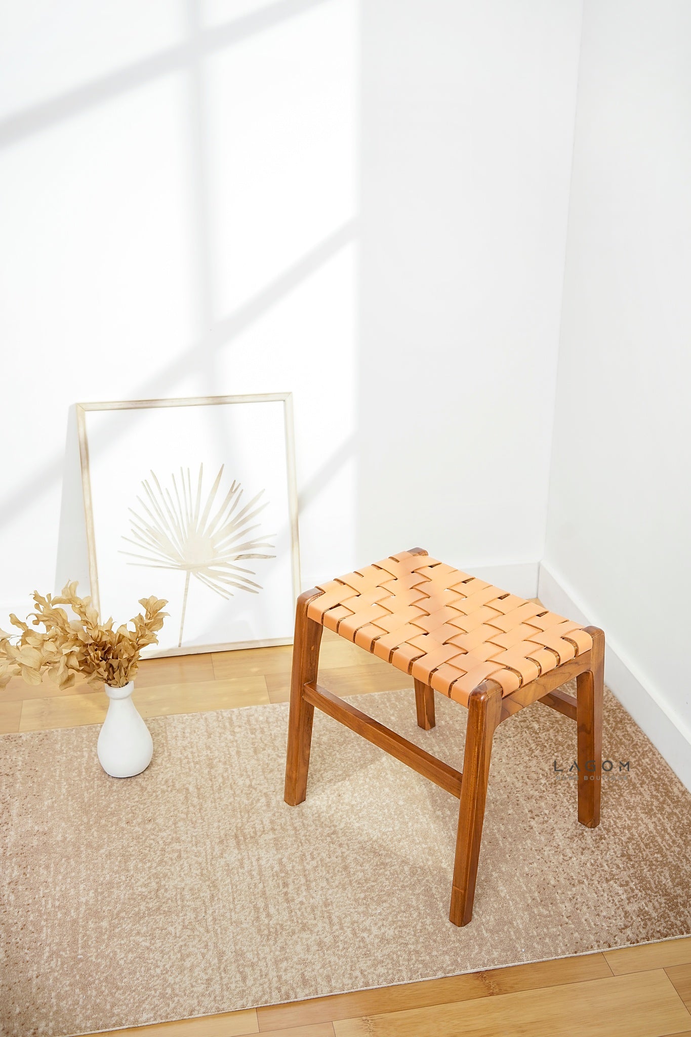 Teak Vanity Stool with Genuine Leather Weave - Chair - Lagom Home Boutique