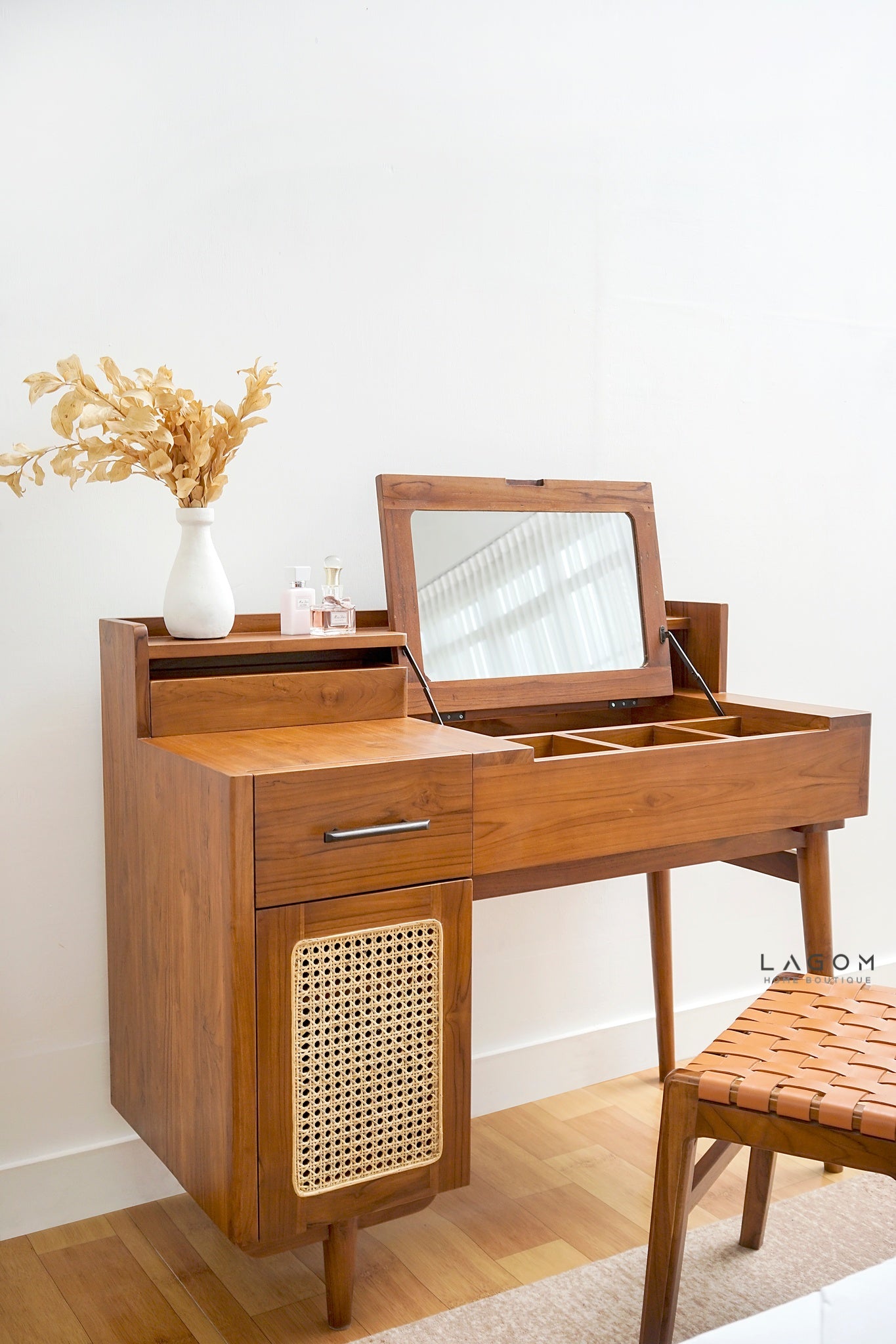 Teak Vanity Stool with Genuine Leather Weave - Chair - Lagom Home Boutique