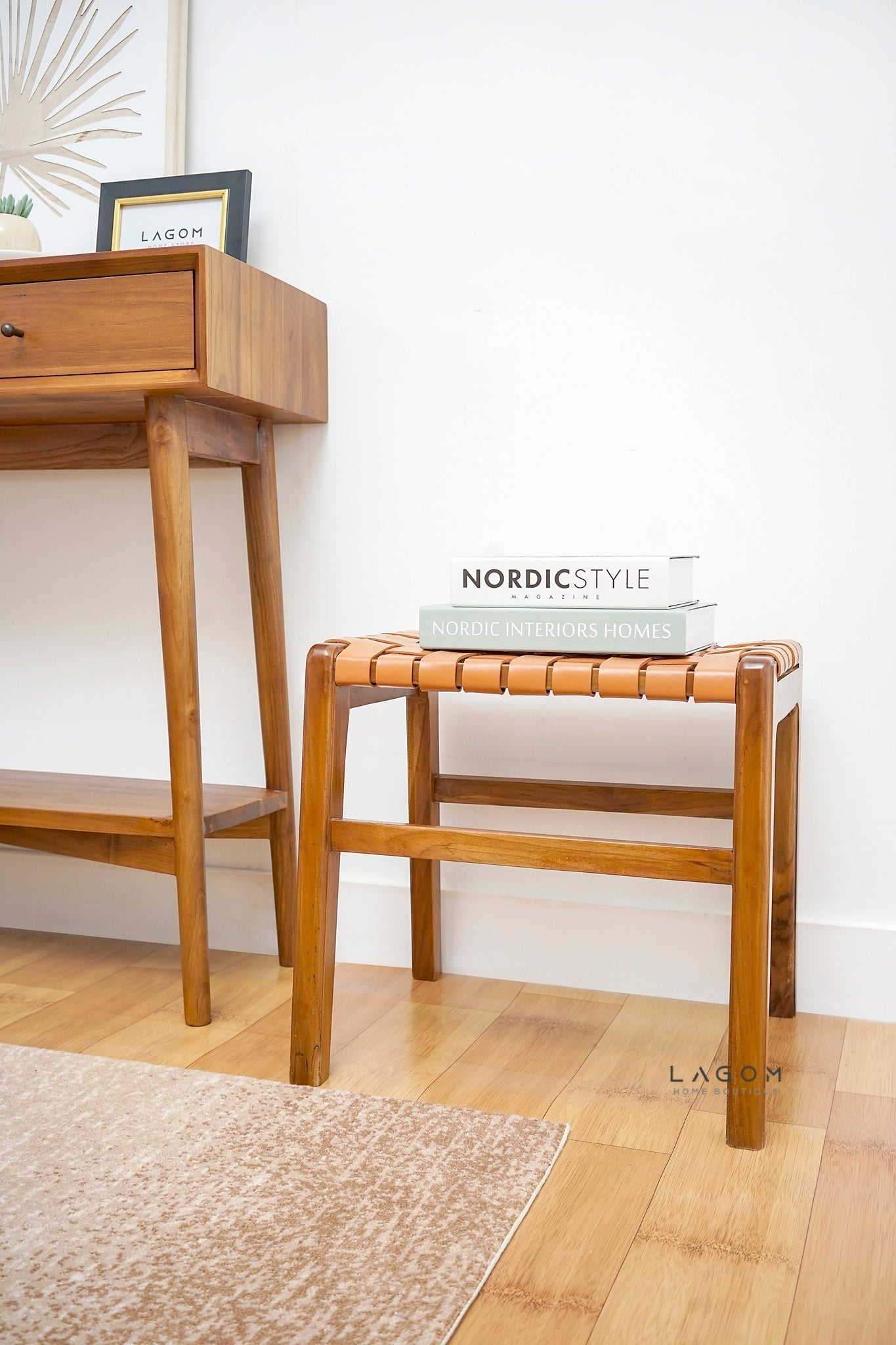 Teak Vanity Stool with Genuine Leather Weave - Chair - Lagom Home Boutique