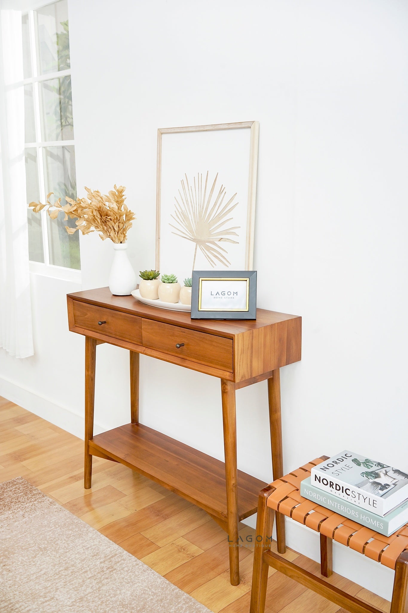 Teak Vanity Stool with Genuine Leather Weave - Chair - Lagom Home Boutique