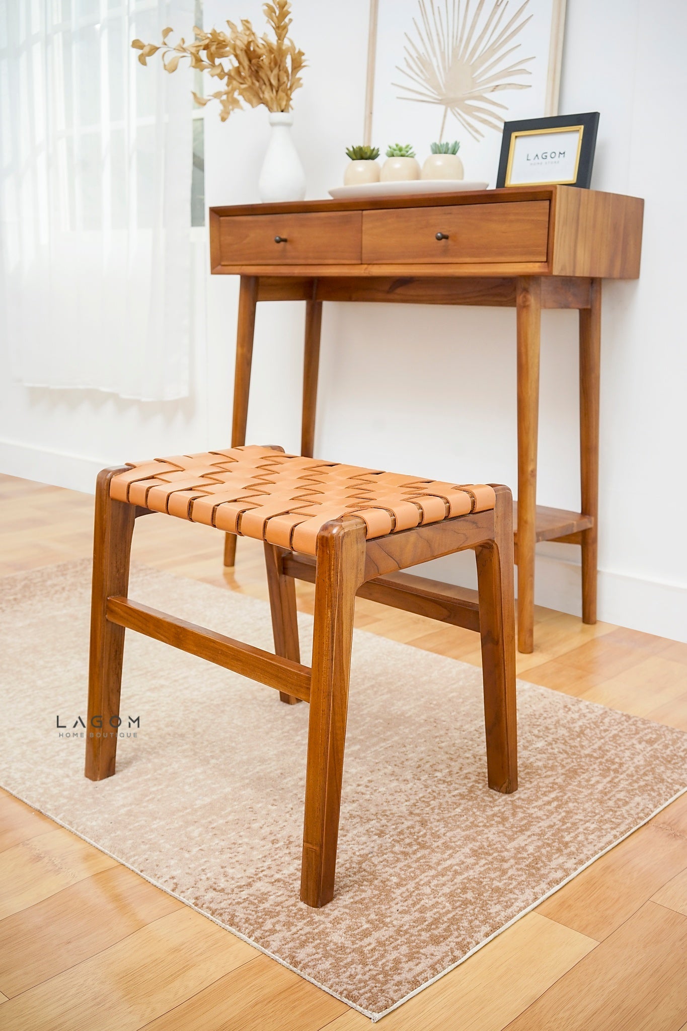 Teak Vanity Stool with Genuine Leather Weave - Chair - Lagom Home Boutique
