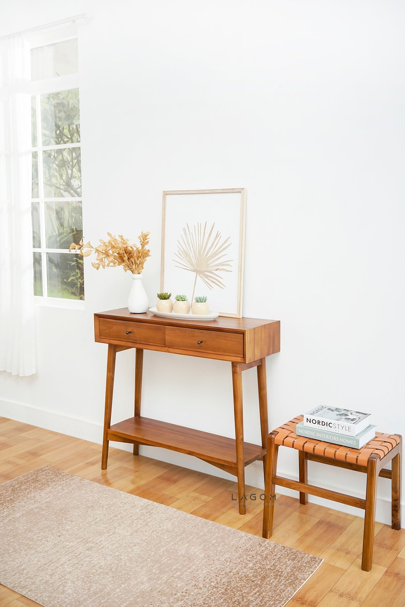 Teak Vanity Stool with Genuine Leather Weave - Chair - Lagom Home Boutique