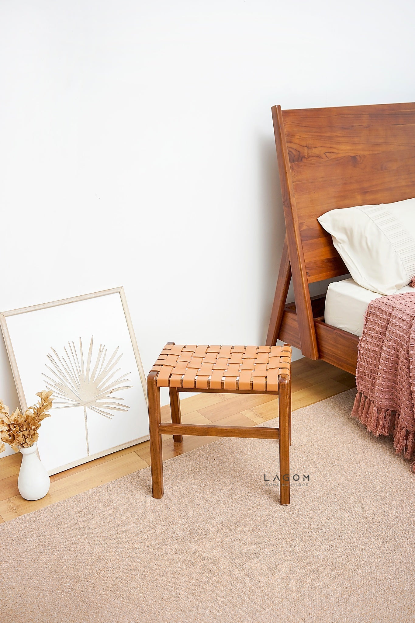 Teak Vanity Stool with Genuine Leather Weave - Chair - Lagom Home Boutique