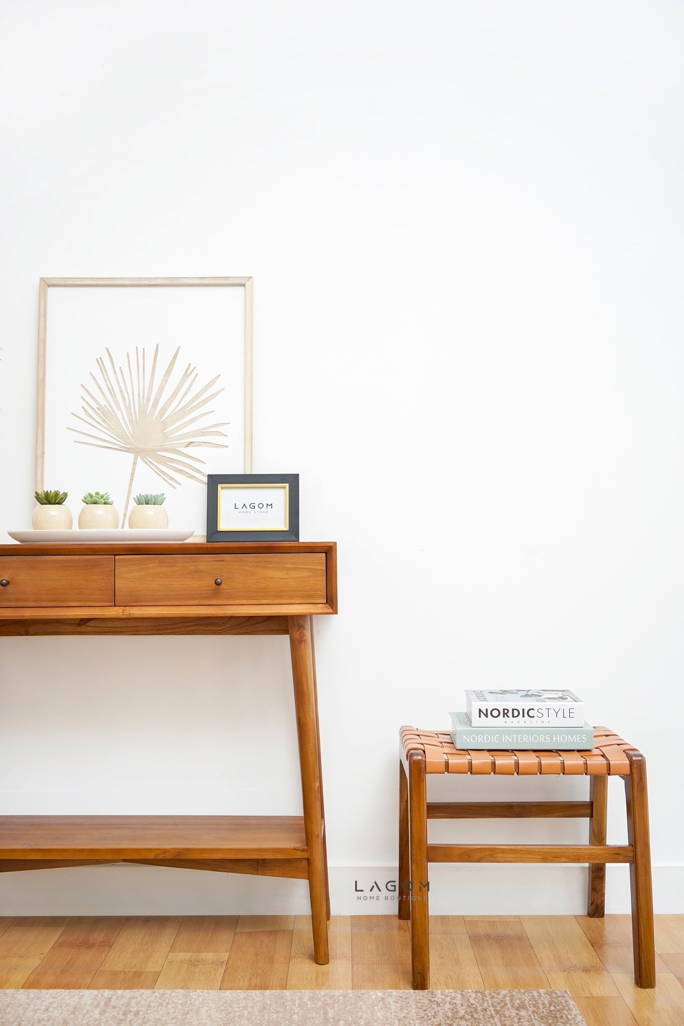 Teak Vanity Stool with Genuine Leather Weave - Chair - Lagom Home Boutique