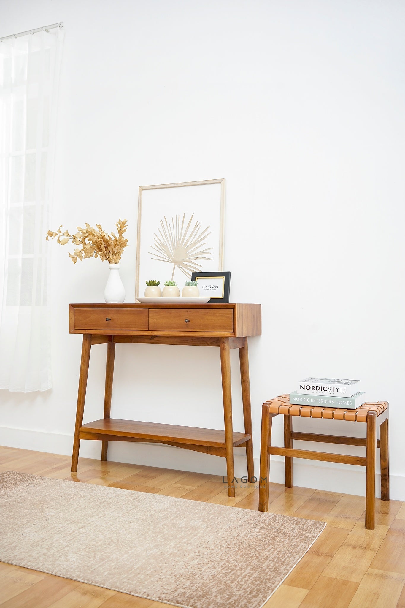Teak Vanity Stool with Genuine Leather Weave - Chair - Lagom Home Boutique
