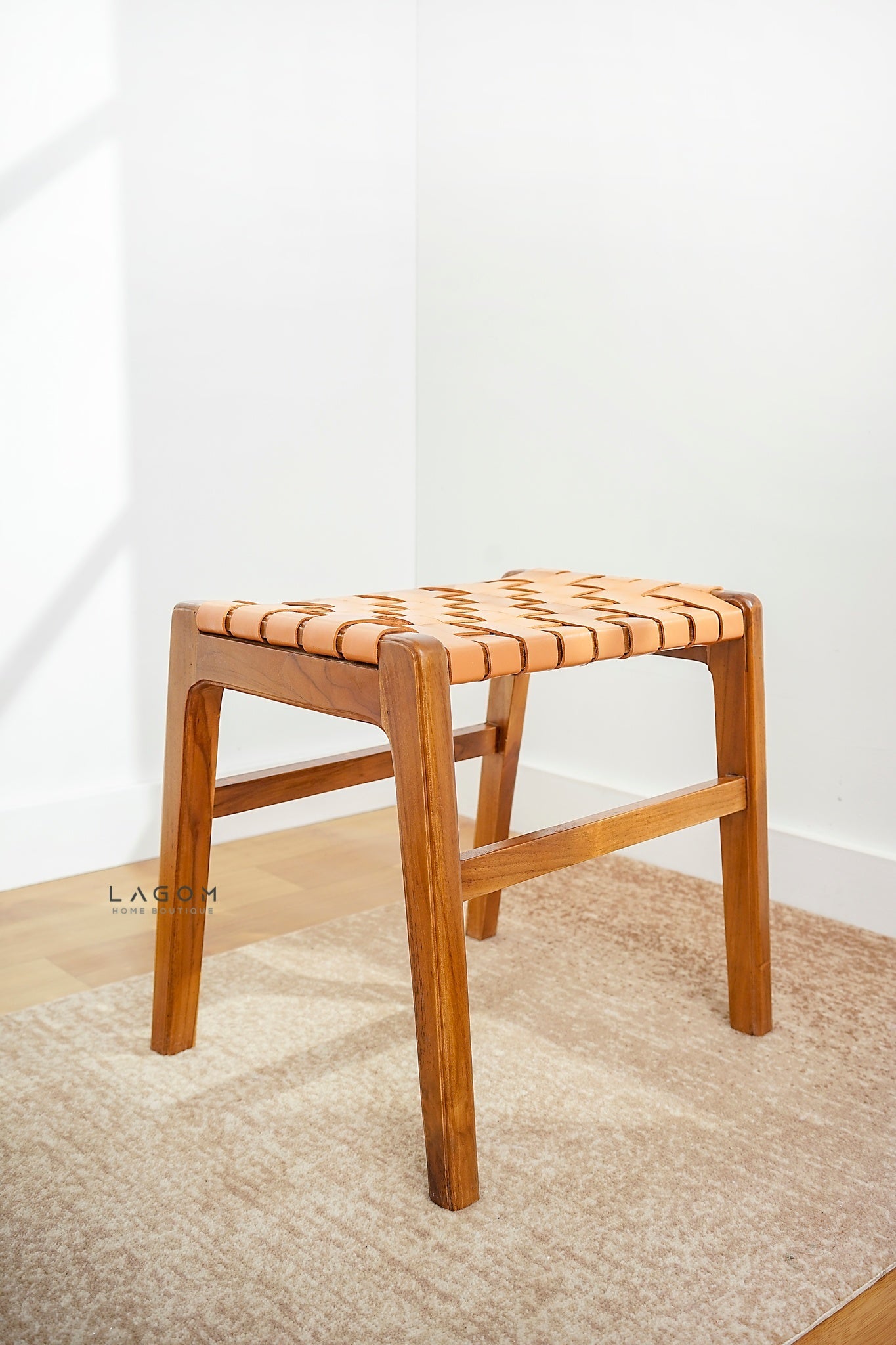 Teak Vanity Stool with Genuine Leather Weave - Chair - Lagom Home Boutique