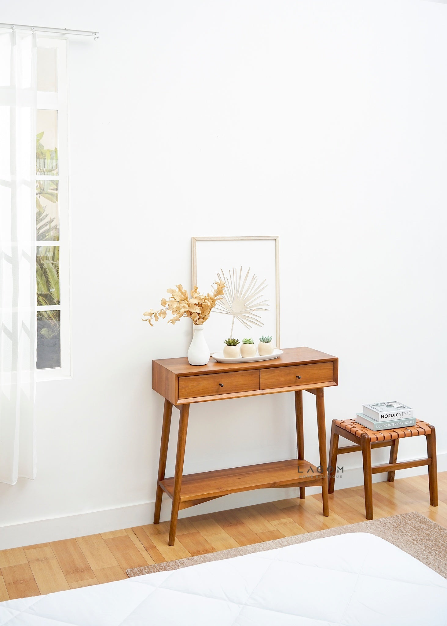 Teak Vanity Stool with Genuine Leather Weave - Chair - Lagom Home Boutique