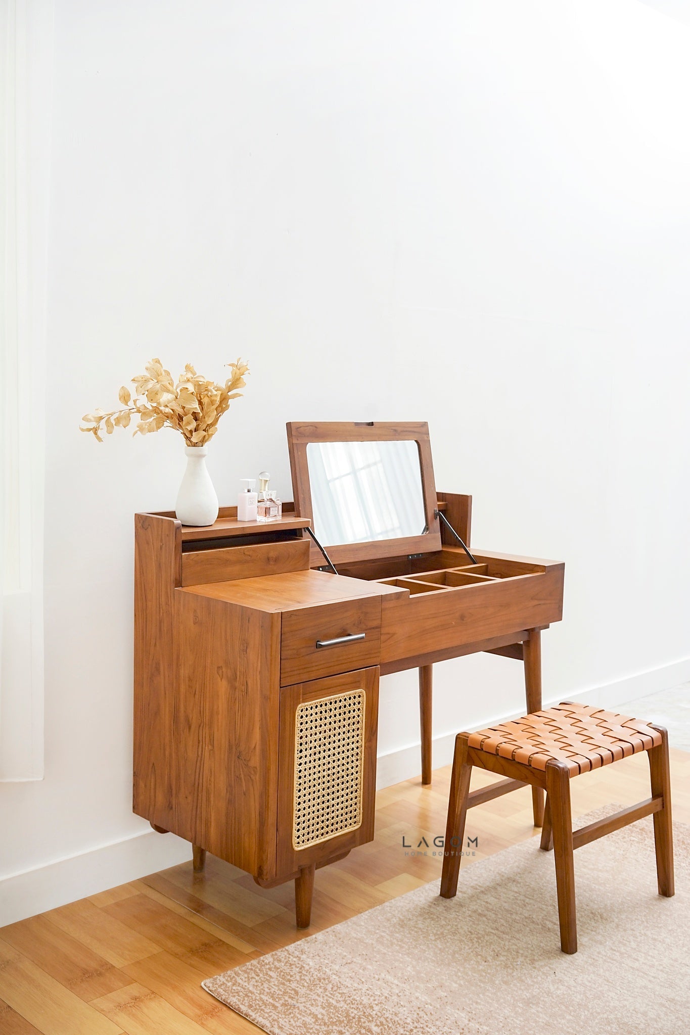 Teak Vanity Stool with Genuine Leather Weave - Chair - Lagom Home Boutique