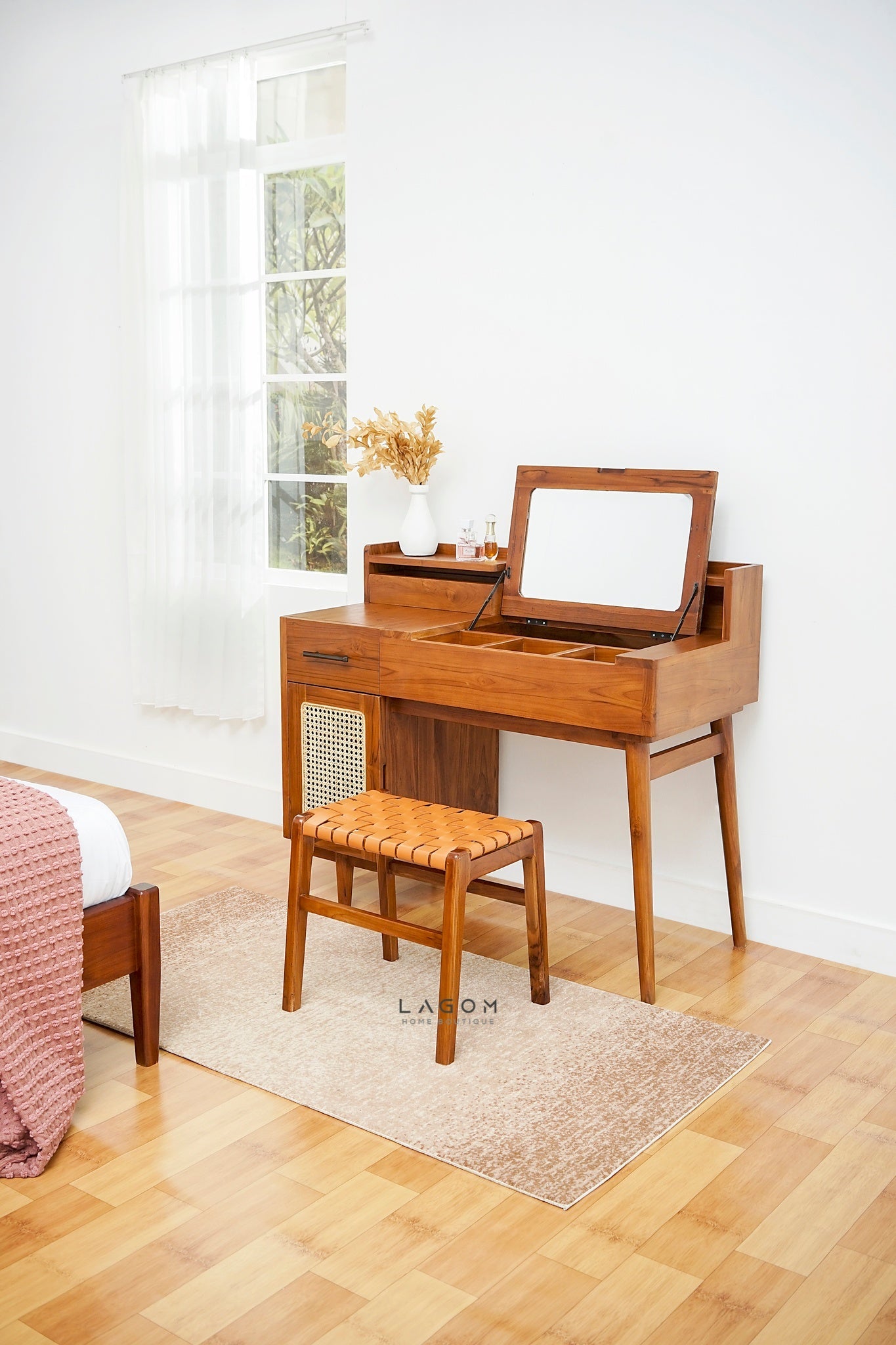 Teak Vanity Stool with Genuine Leather Weave - Chair - Lagom Home Boutique
