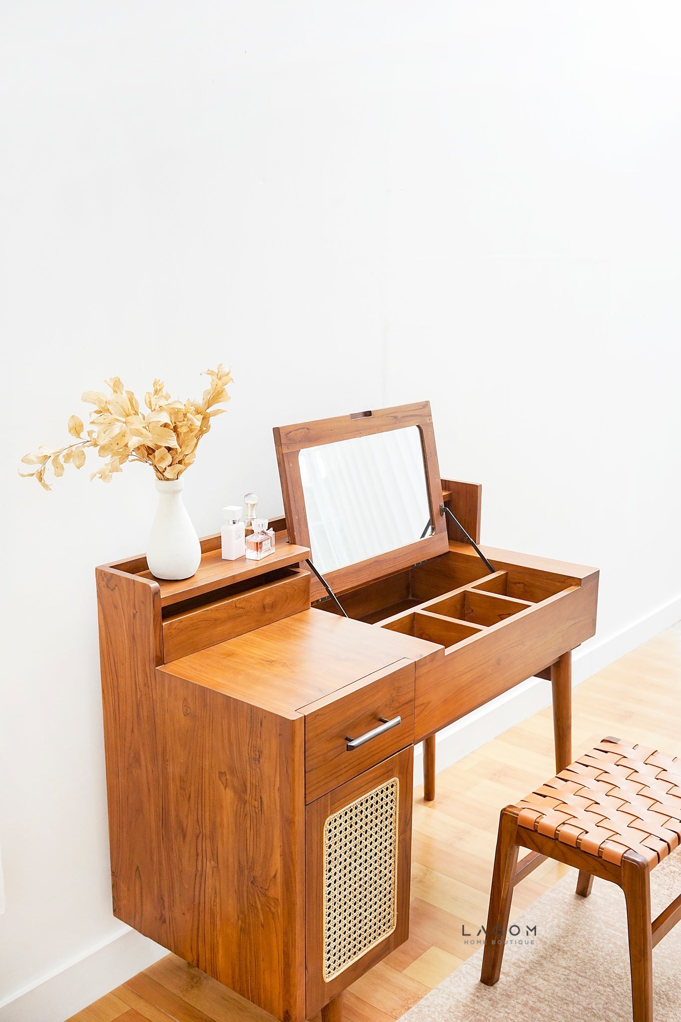 Teak Vanity Stool with Genuine Leather Weave - Chair - Lagom Home Boutique