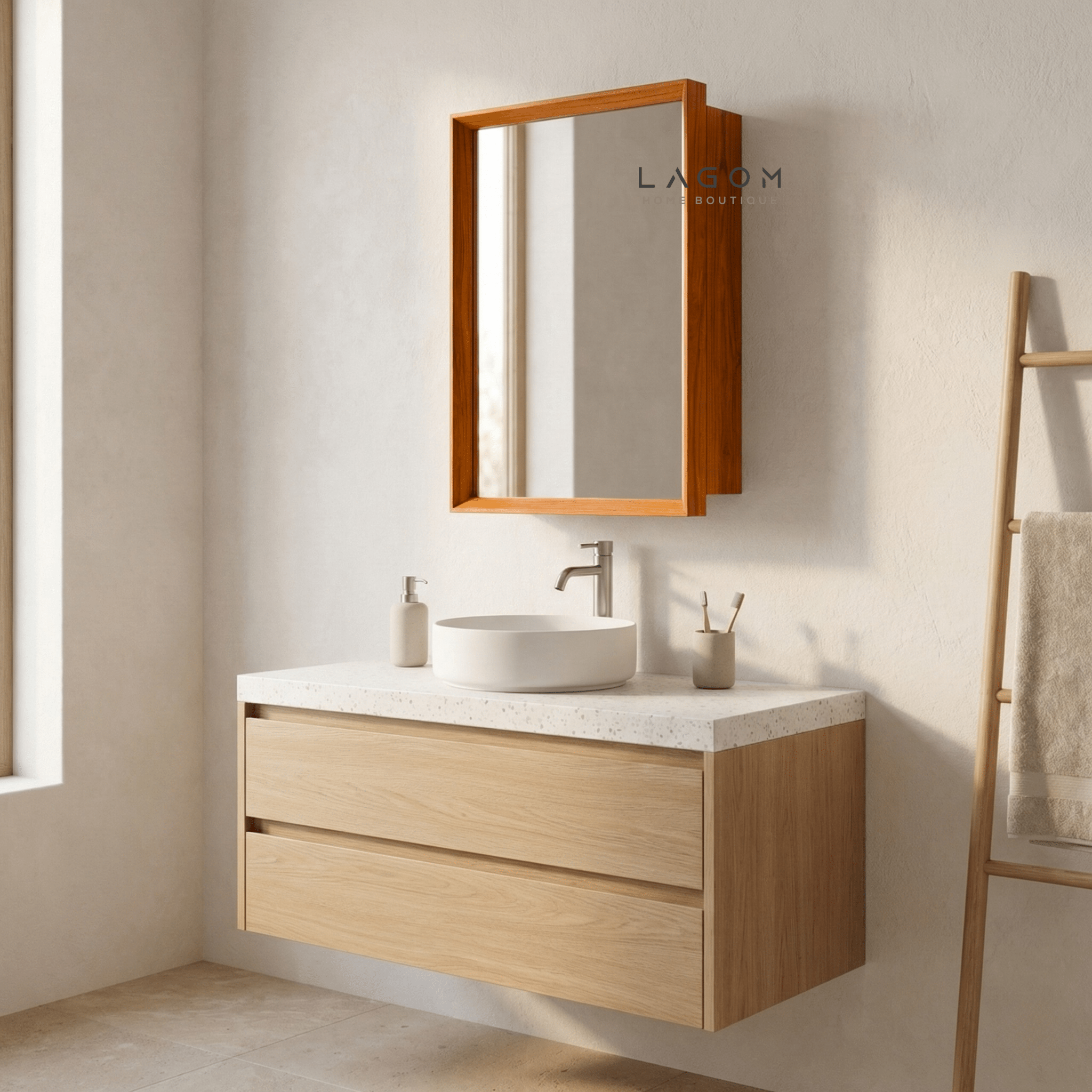 Teak Wall Mirror Cabinet with Hidden Storage - Wall Storage - Lagom Home Boutique
