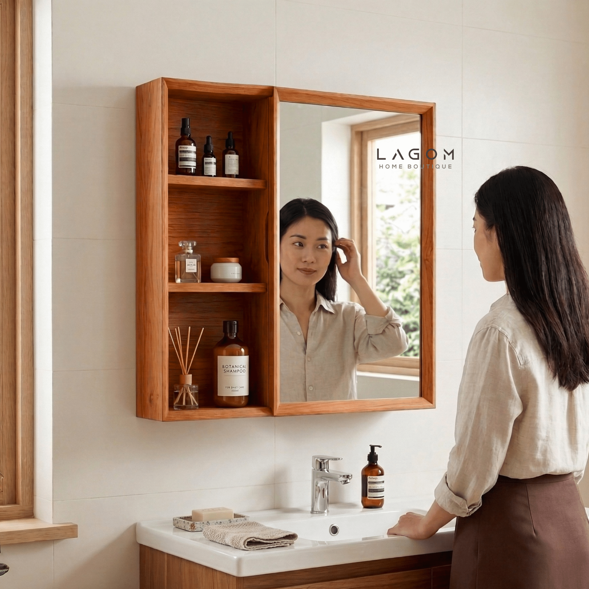 Teak Wall Mirror Cabinet with Storage Shelves - Wall Storage - Lagom Home Boutique