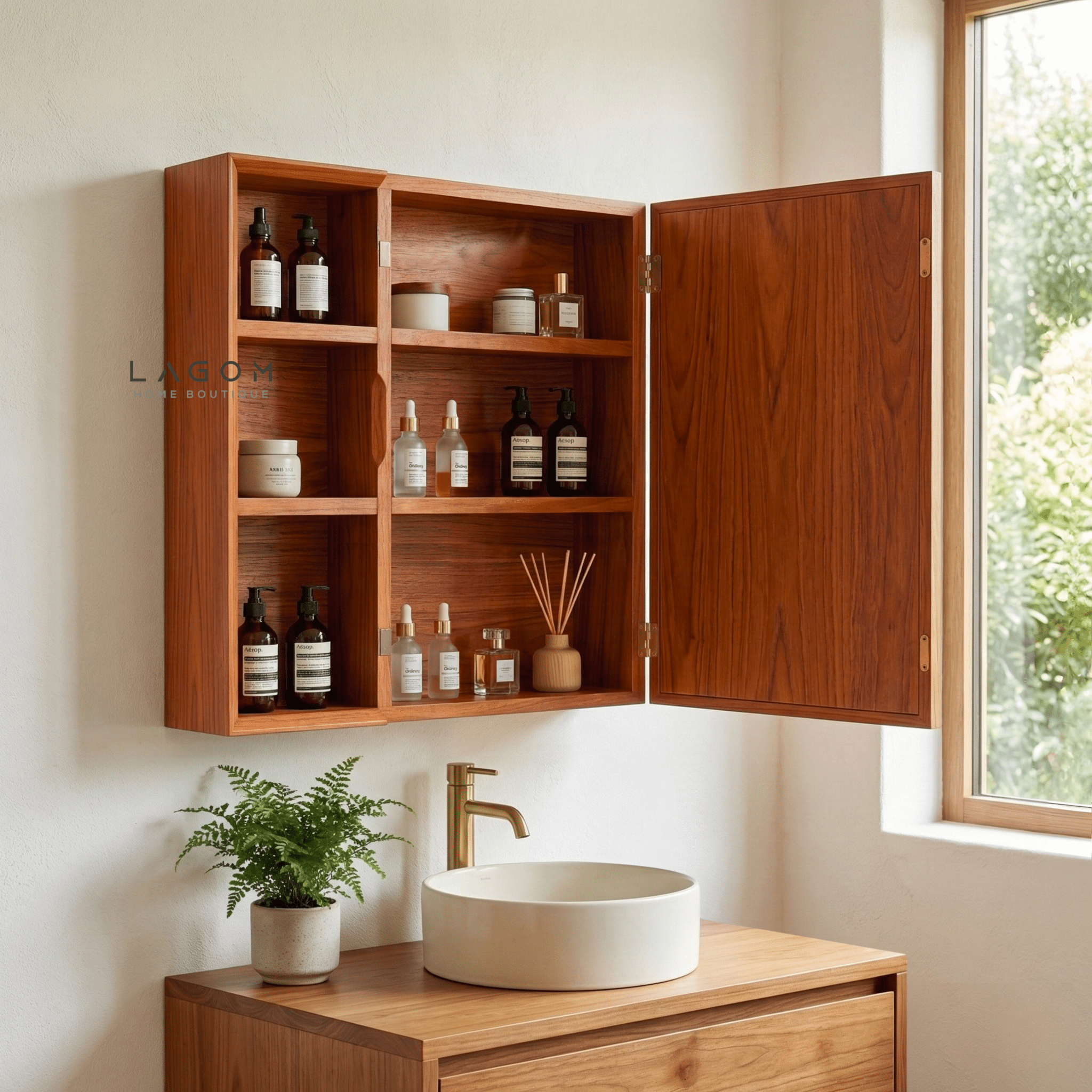 Teak Wall Mirror Cabinet with Storage Shelves - Wall Storage - Lagom Home Boutique