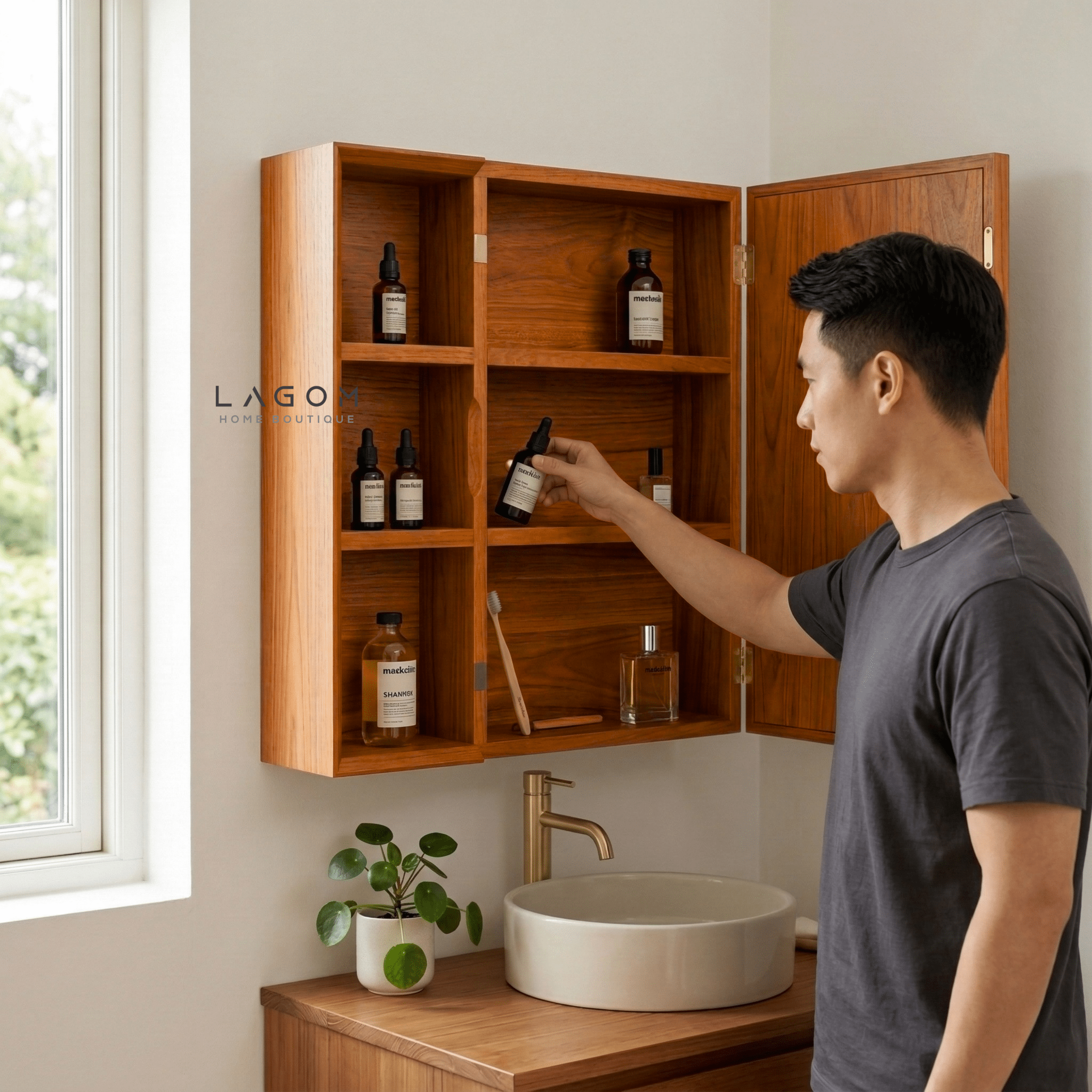 Teak Wall Mirror Cabinet with Storage Shelves - Wall Storage - Lagom Home Boutique