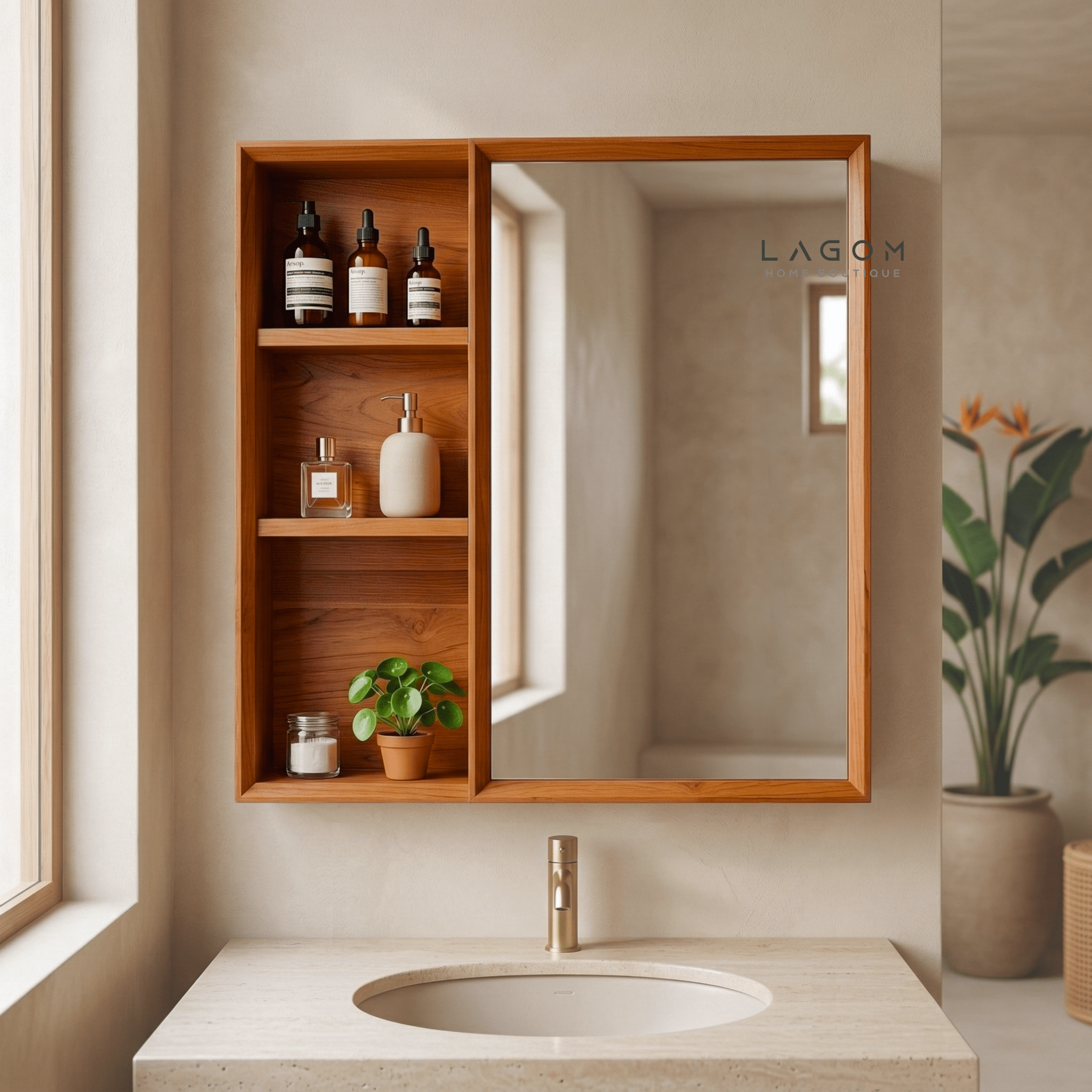 Teak Wall Mirror Cabinet with Storage Shelves - Wall Storage - Lagom Home Boutique