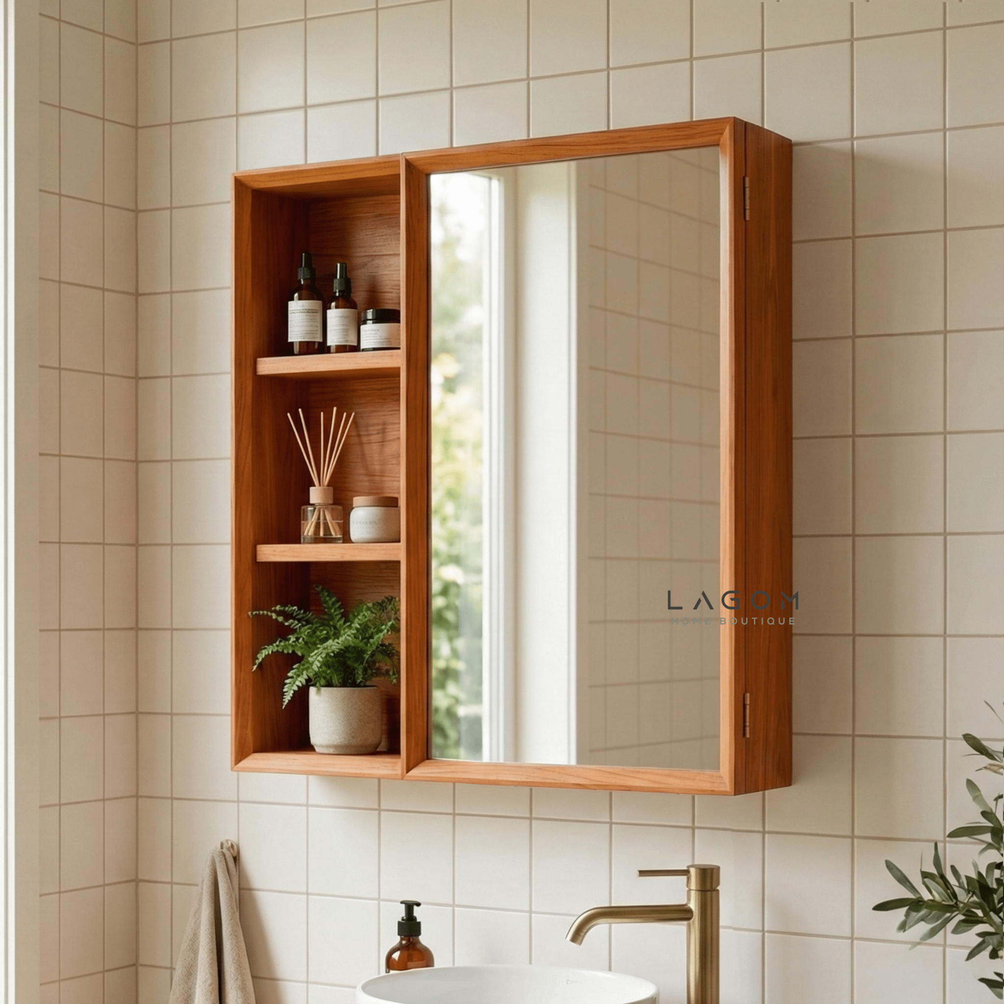 Teak Wall Mirror Cabinet with Storage Shelves - Wall Storage - Lagom Home Boutique