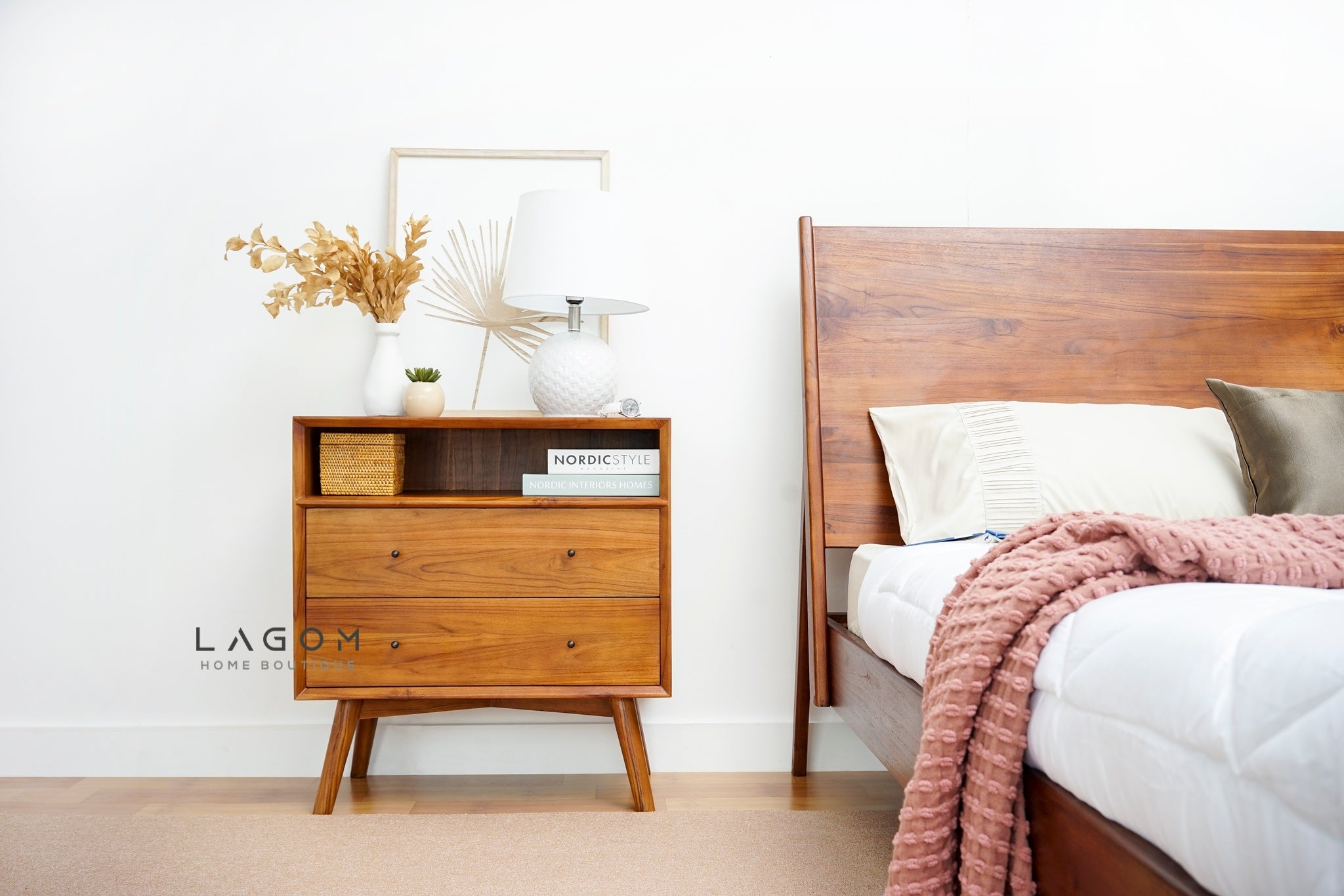 Teak Wood Bedside with Open Shelf and Drawers - Side Table - Lagom Home Boutique