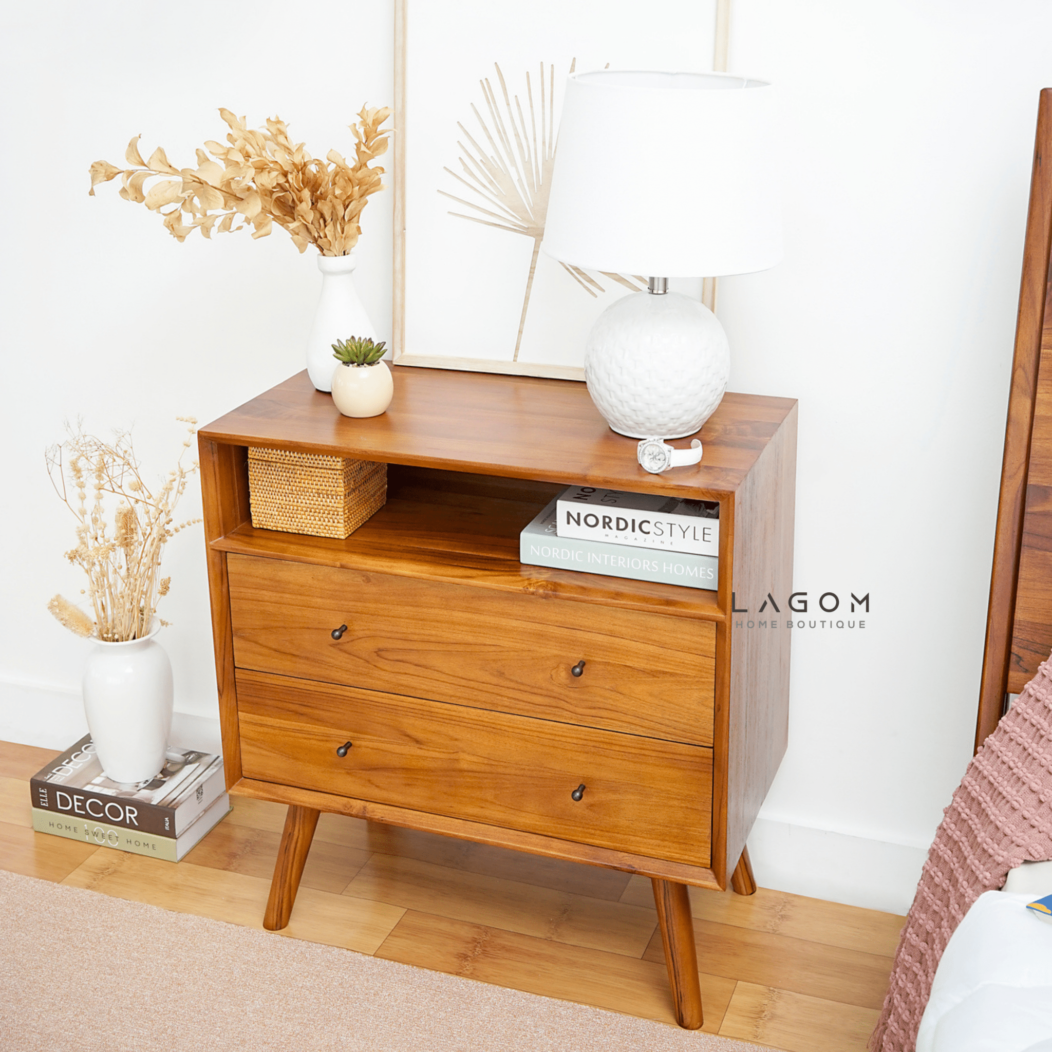 Teak Wood Bedside with Open Shelf and Drawers - Side Table - Lagom Home Boutique