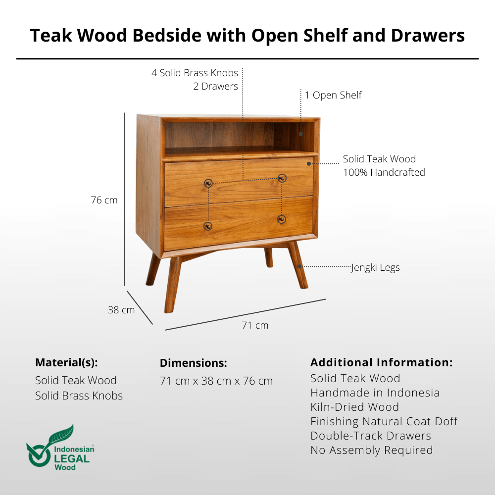 Teak Wood Bedside with Open Shelf and Drawers - Side Table - Lagom Home Boutique