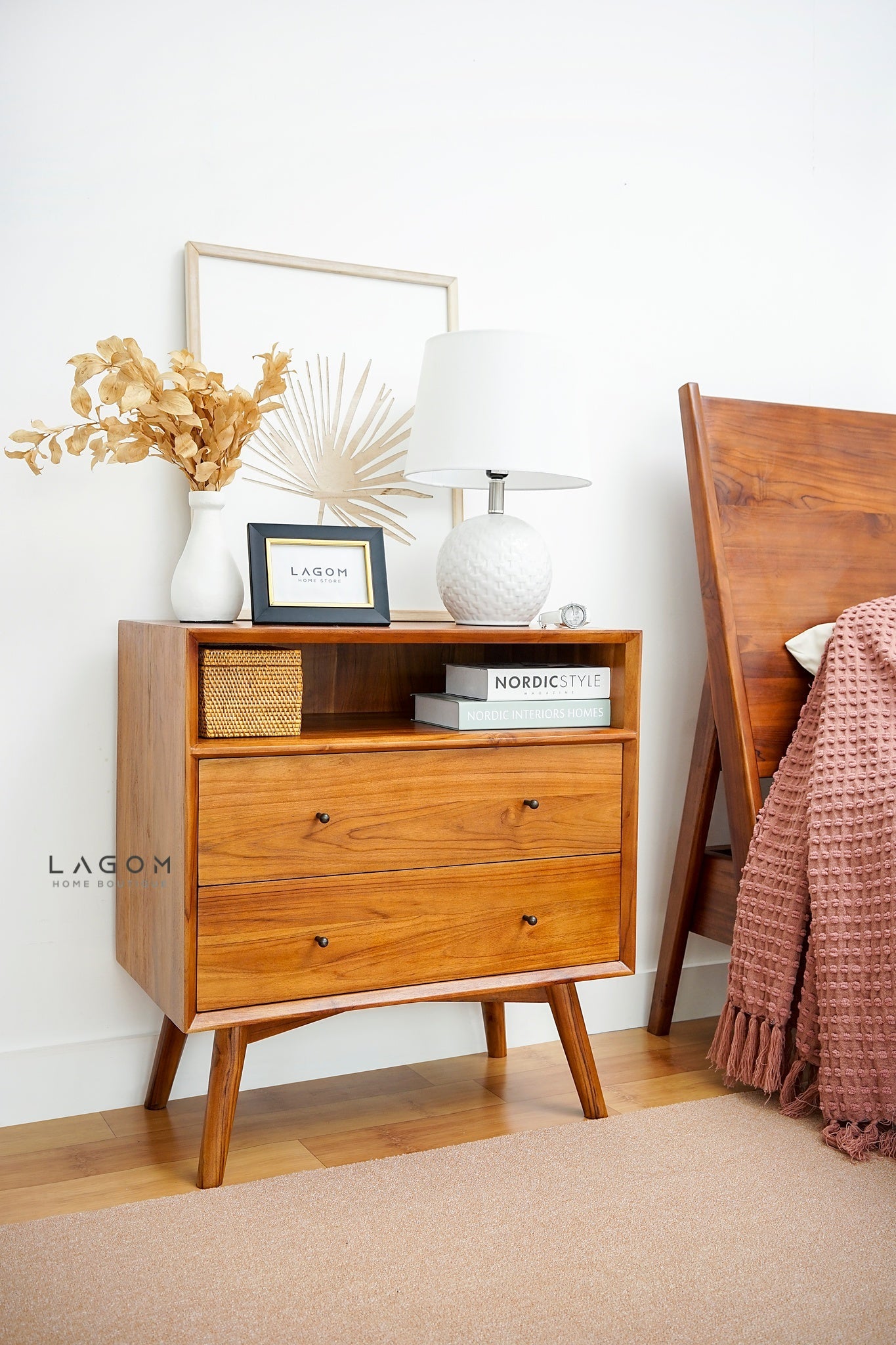 Teak Wood Bedside with Open Shelf and Drawers - Side Table - Lagom Home Boutique