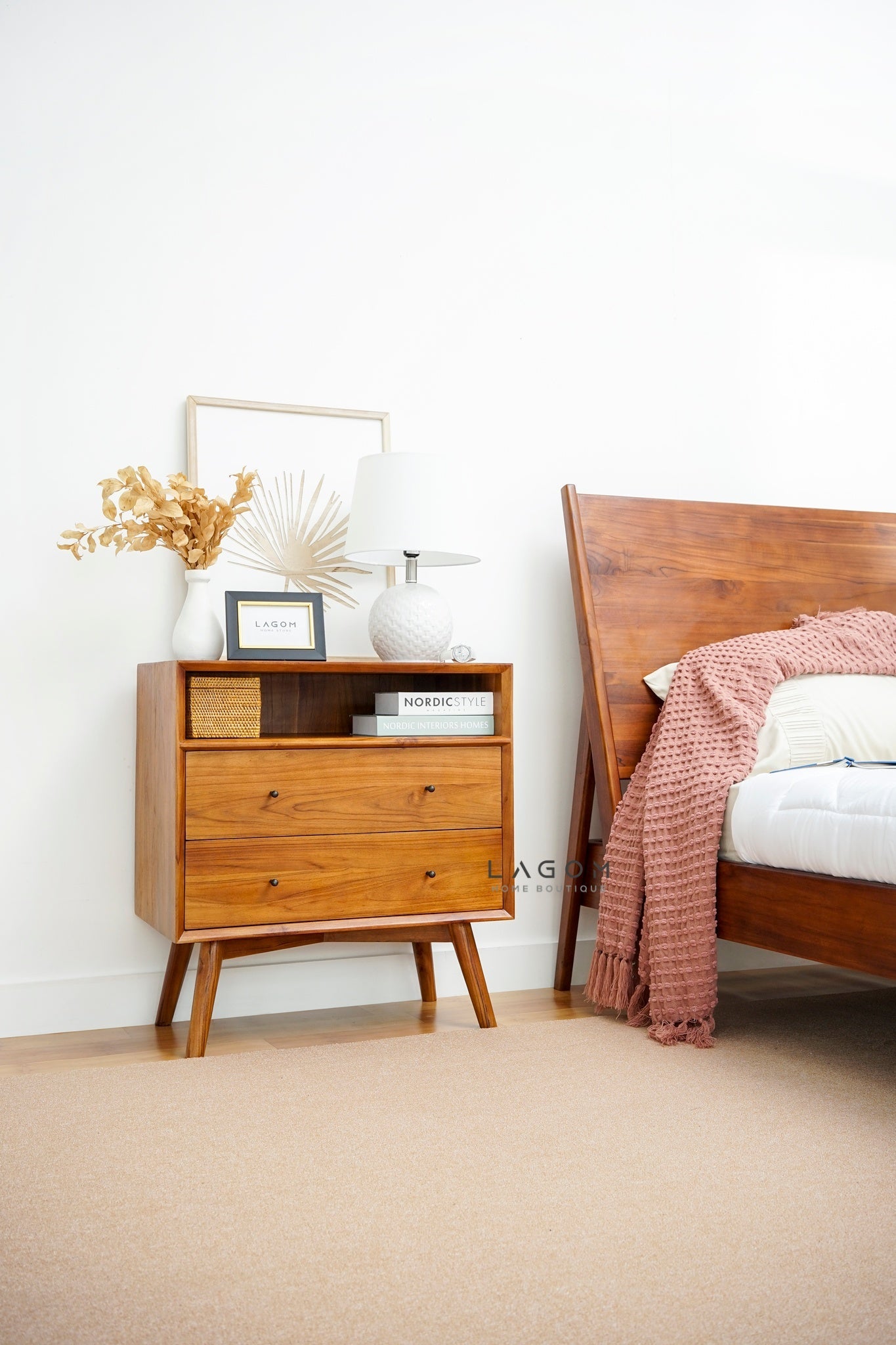 Teak Wood Bedside with Open Shelf and Drawers - Side Table - Lagom Home Boutique