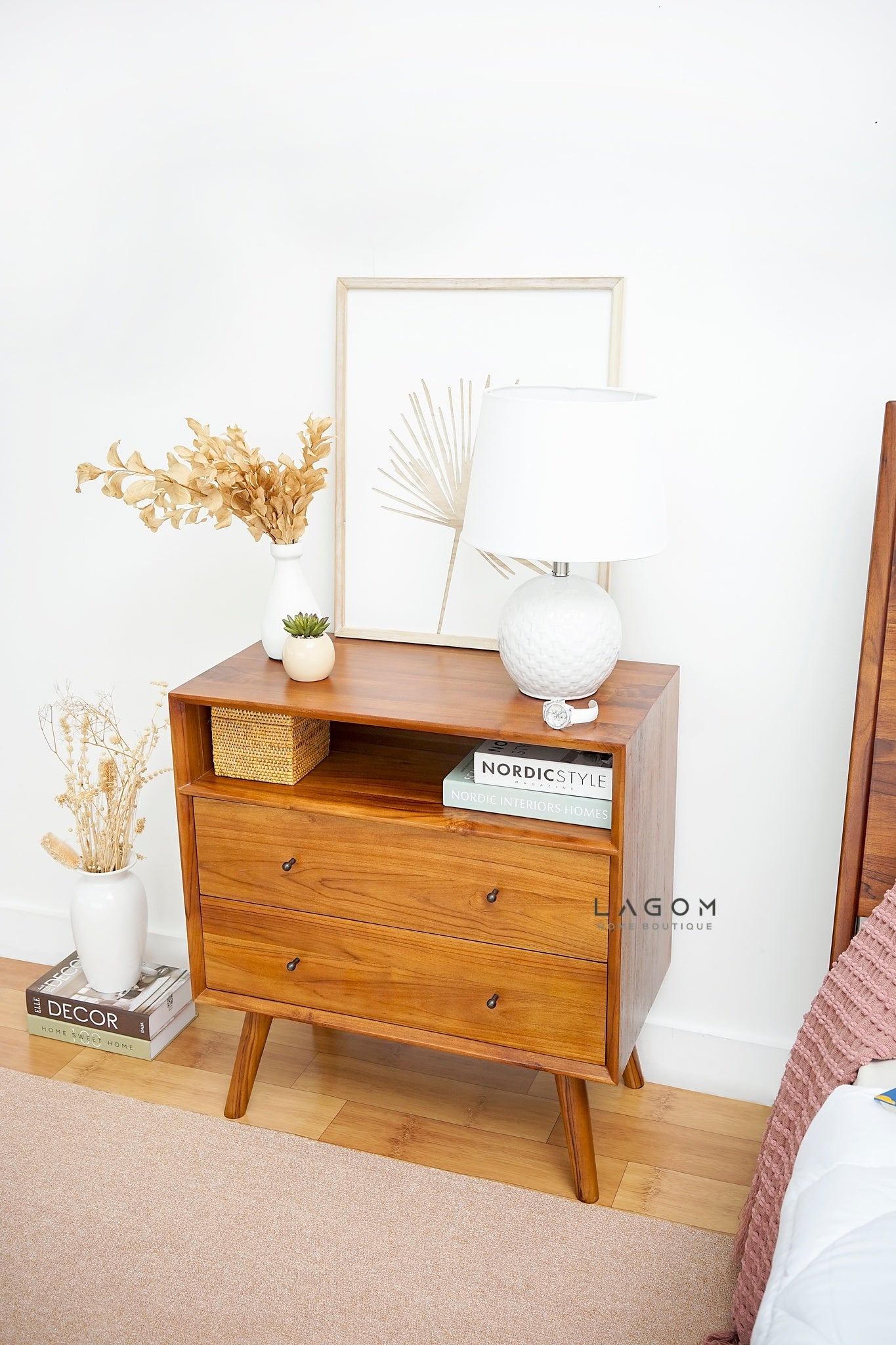 Teak Wood Bedside with Open Shelf and Drawers - Side Table - Lagom Home Boutique