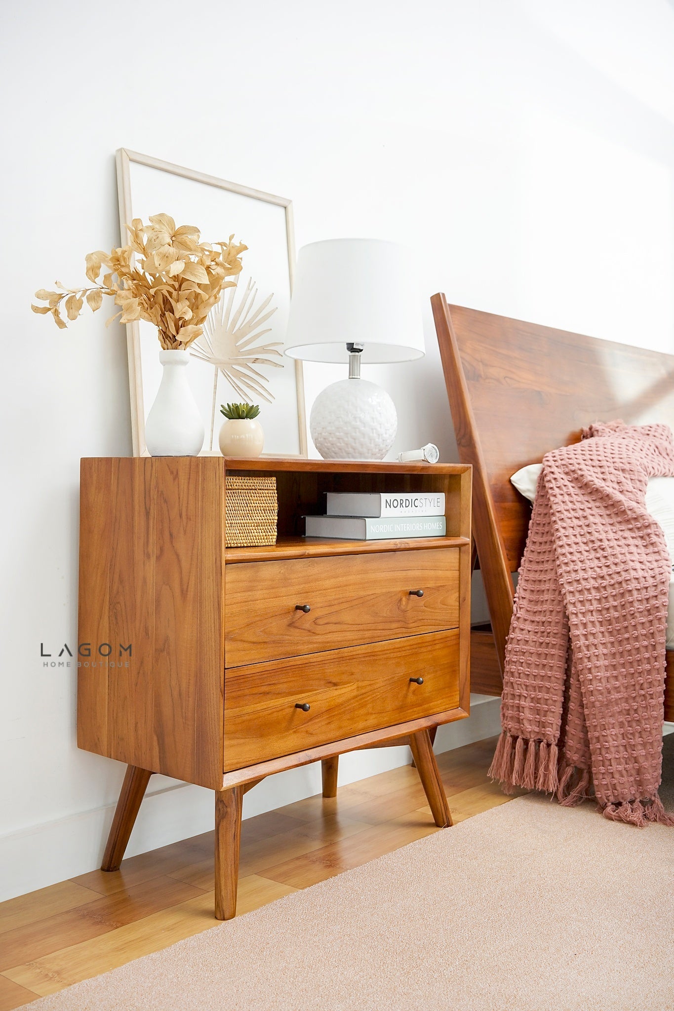 Teak Wood Bedside with Open Shelf and Drawers - Side Table - Lagom Home Boutique