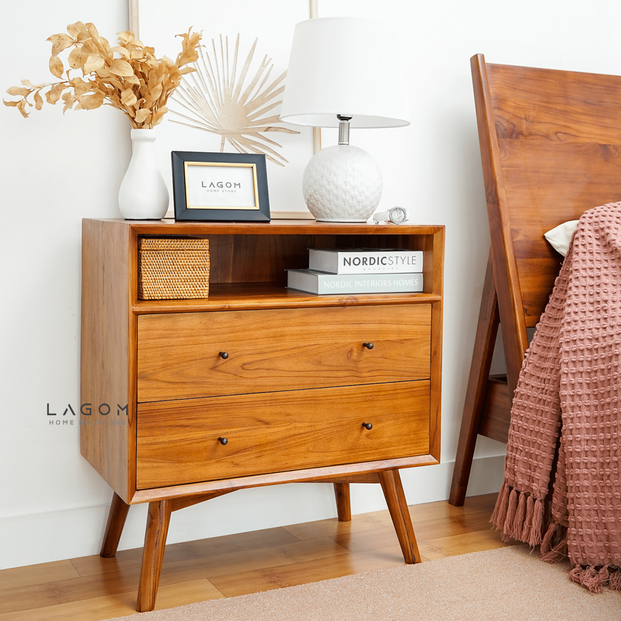 Teak Wood Bedside with Open Shelf and Drawers - Side Table - Lagom Home Boutique
