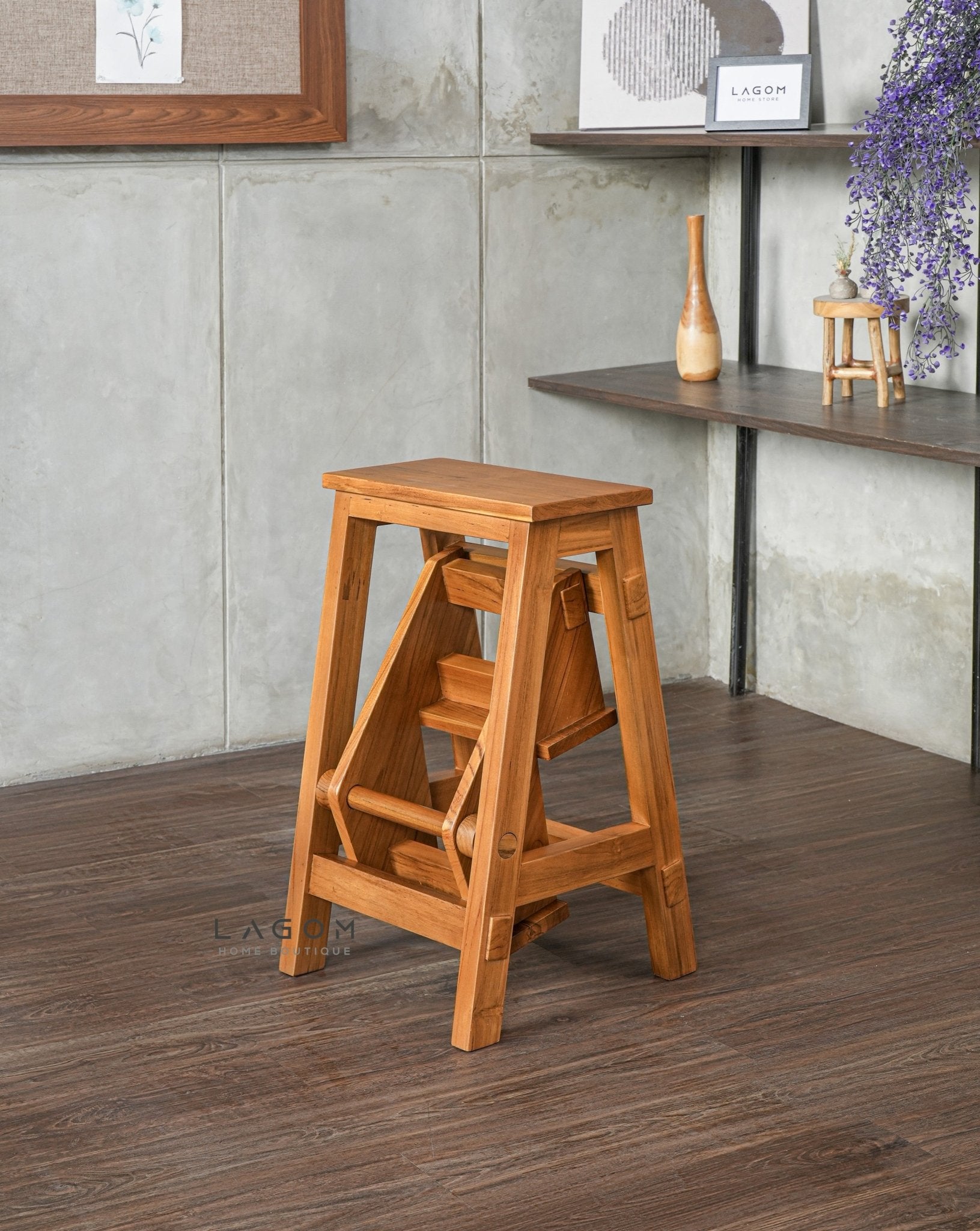 Teak Wood Convertible Step Stool & Bar Chair - Step Stool - Lagom Home Boutique