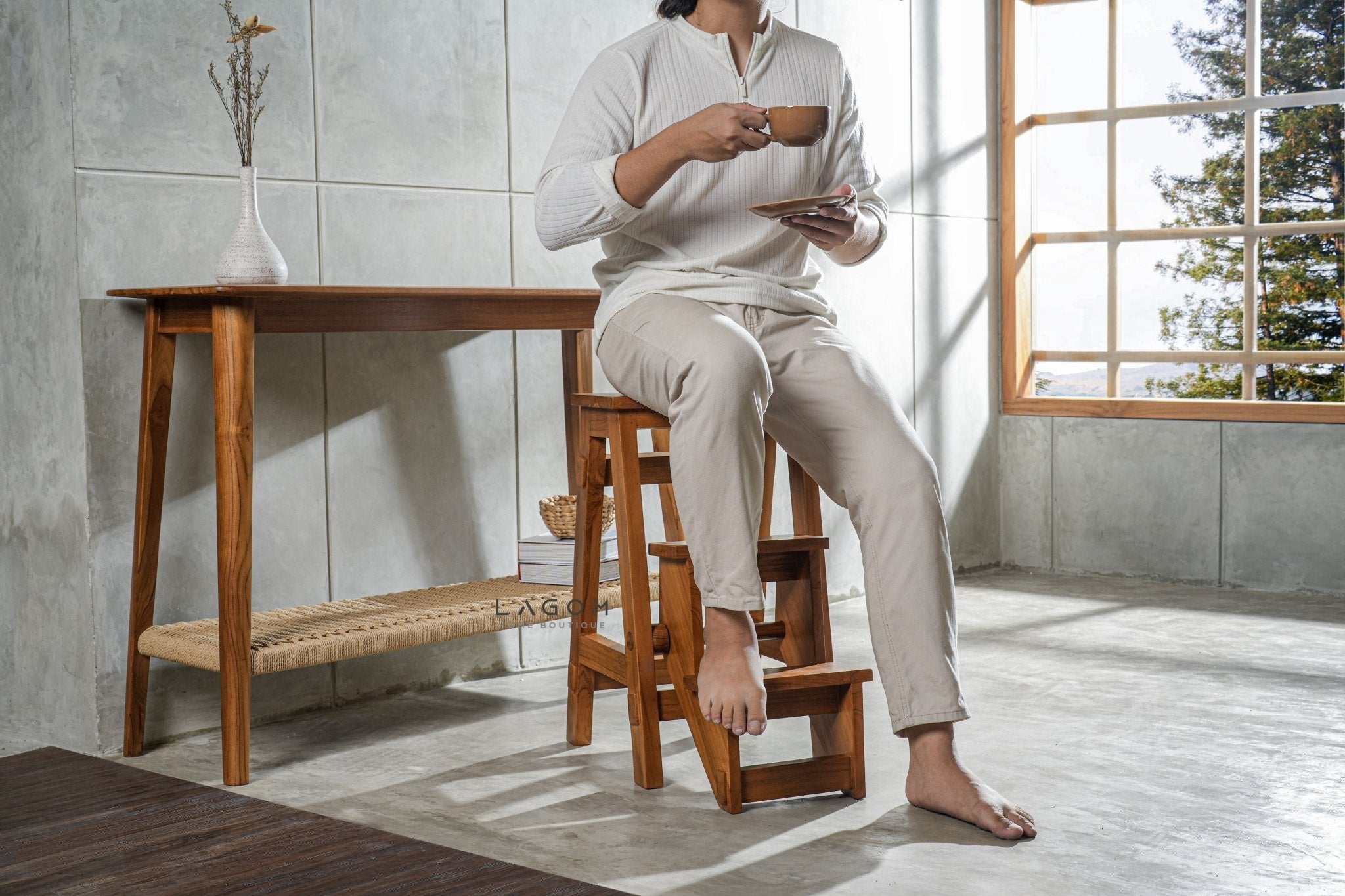 Teak Wood Convertible Step Stool & Bar Chair - Step Stool - Lagom Home Boutique