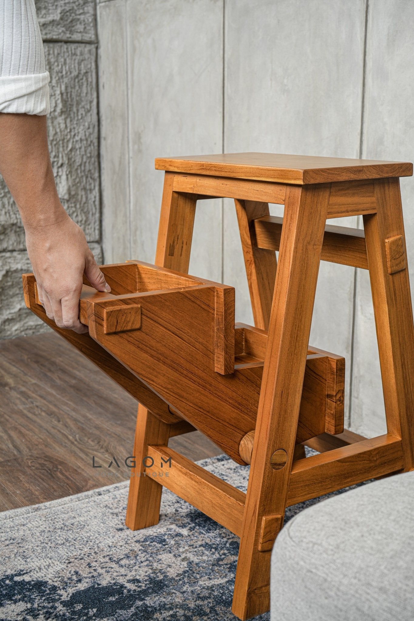 Teak Wood Convertible Step Stool & Bar Chair - Step Stool - Lagom Home Boutique