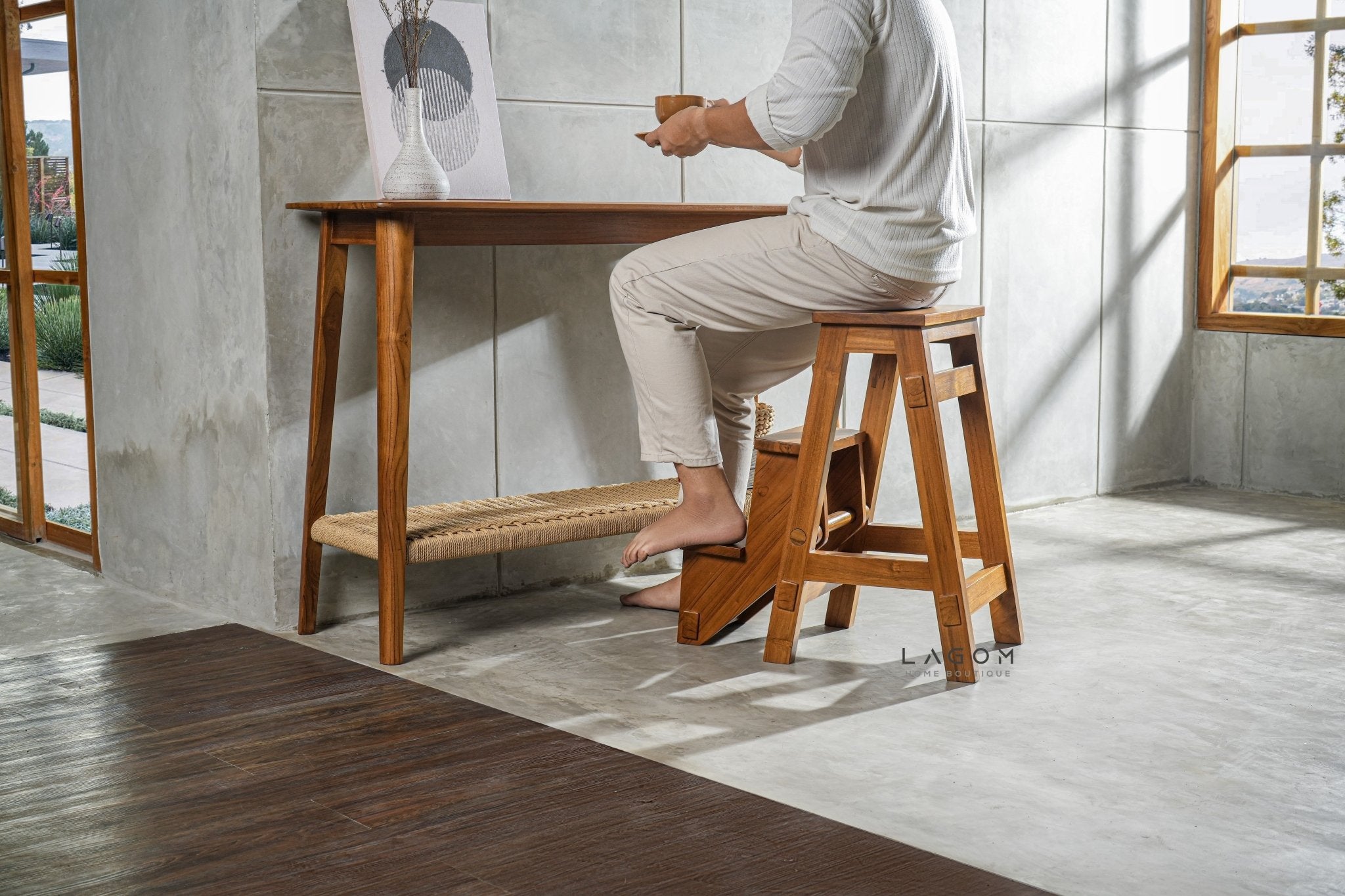 Teak Wood Convertible Step Stool & Bar Chair - Step Stool - Lagom Home Boutique