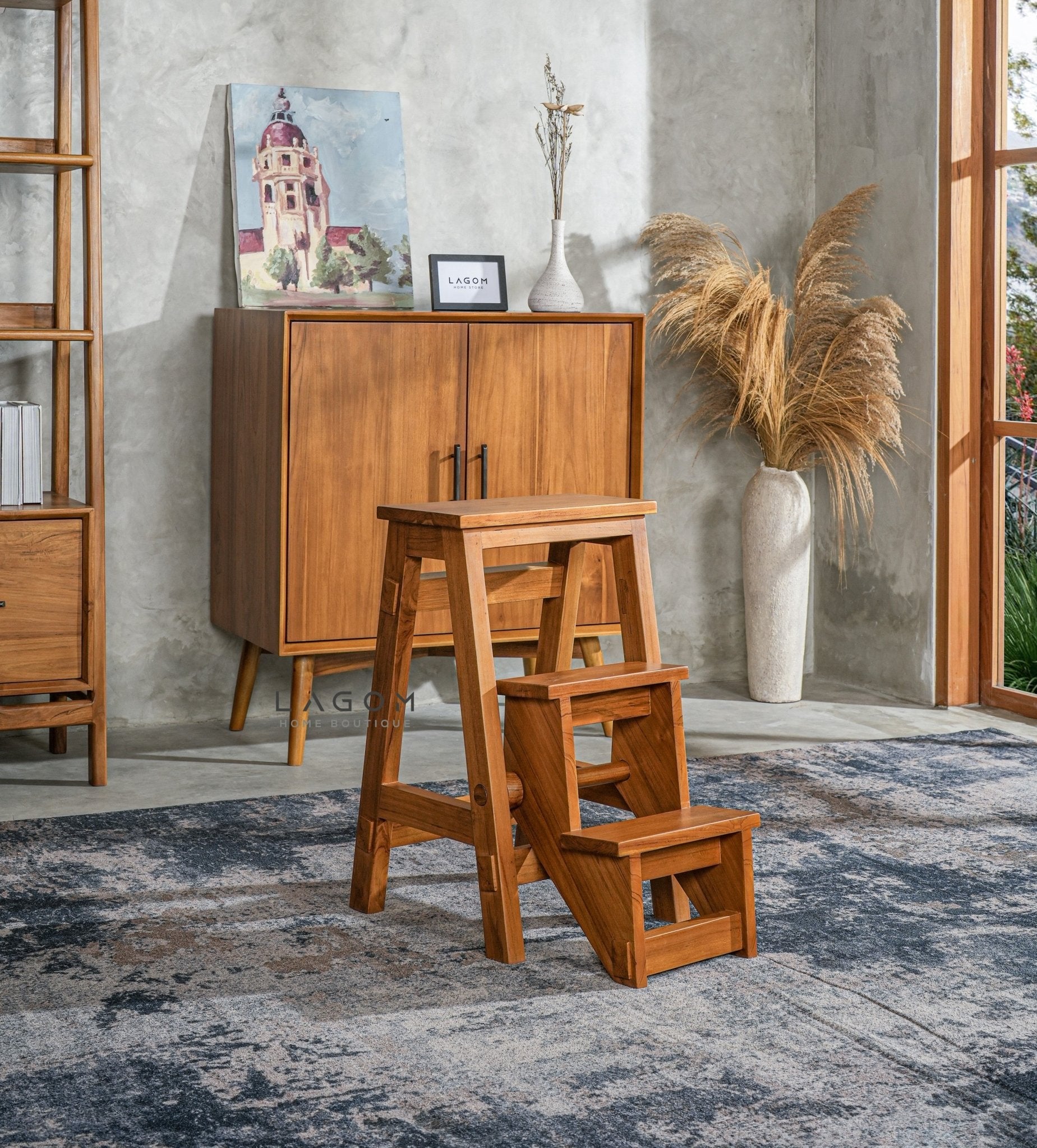 Teak Wood Convertible Step Stool & Bar Chair - Step Stool - Lagom Home Boutique