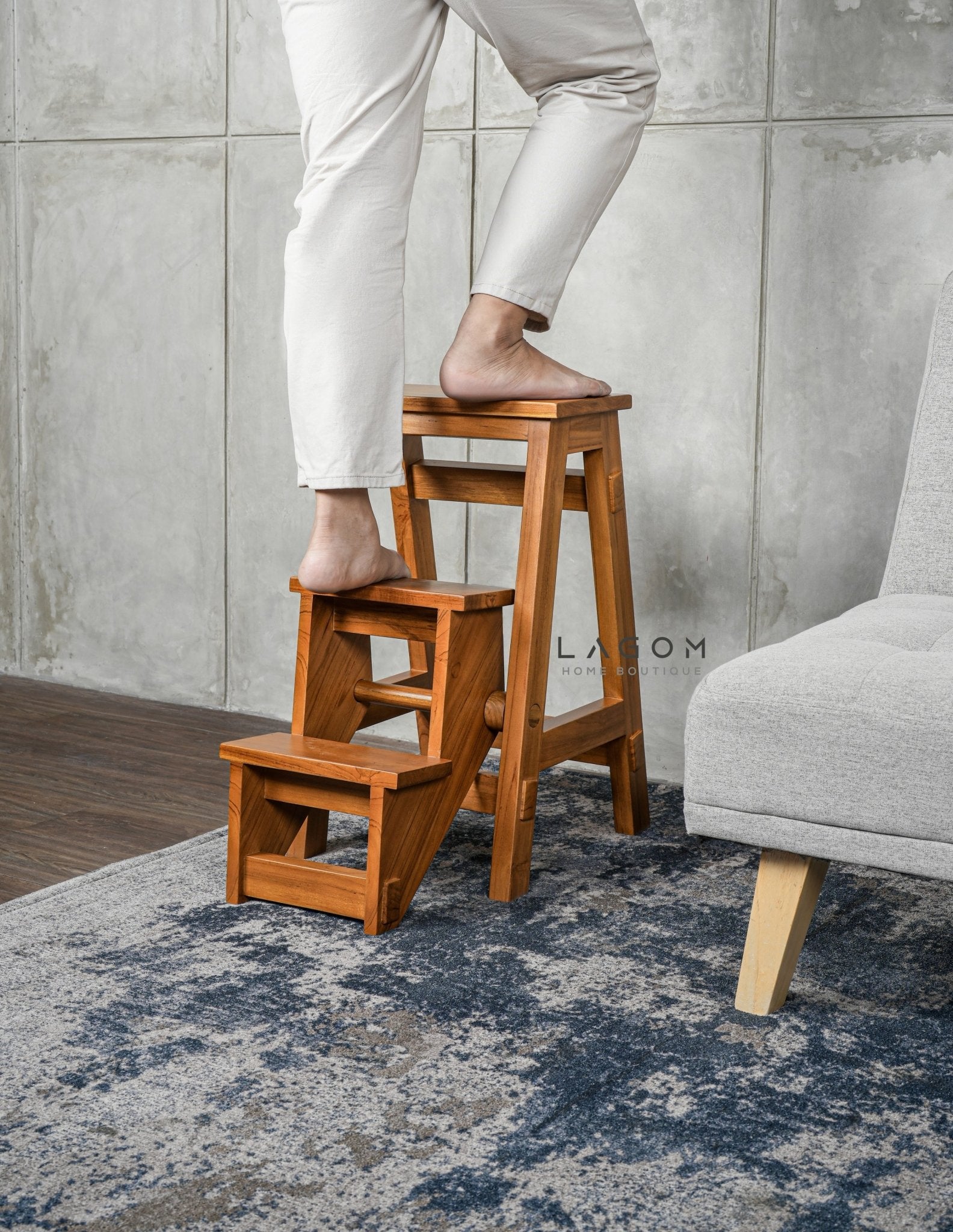 Teak Wood Convertible Step Stool & Bar Chair - Step Stool - Lagom Home Boutique