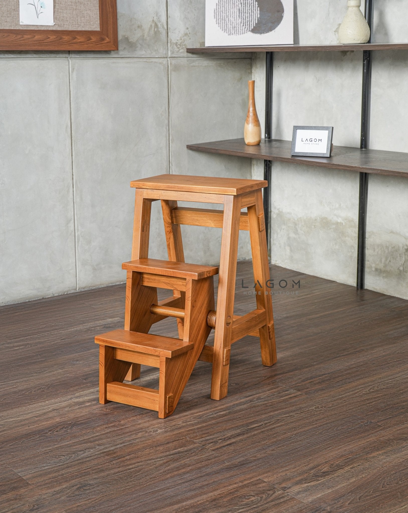 Teak Wood Convertible Step Stool & Bar Chair - Step Stool - Lagom Home Boutique