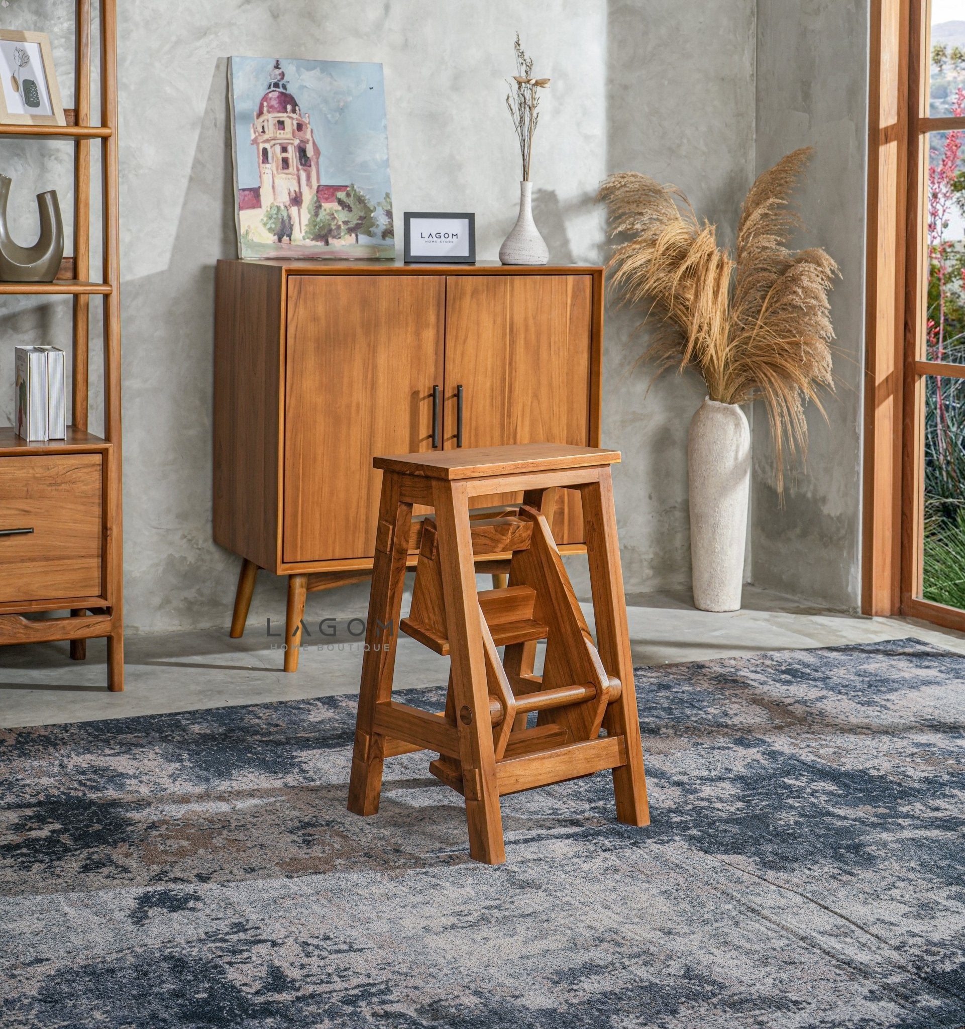 Teak Wood Convertible Step Stool & Bar Chair - Step Stool - Lagom Home Boutique