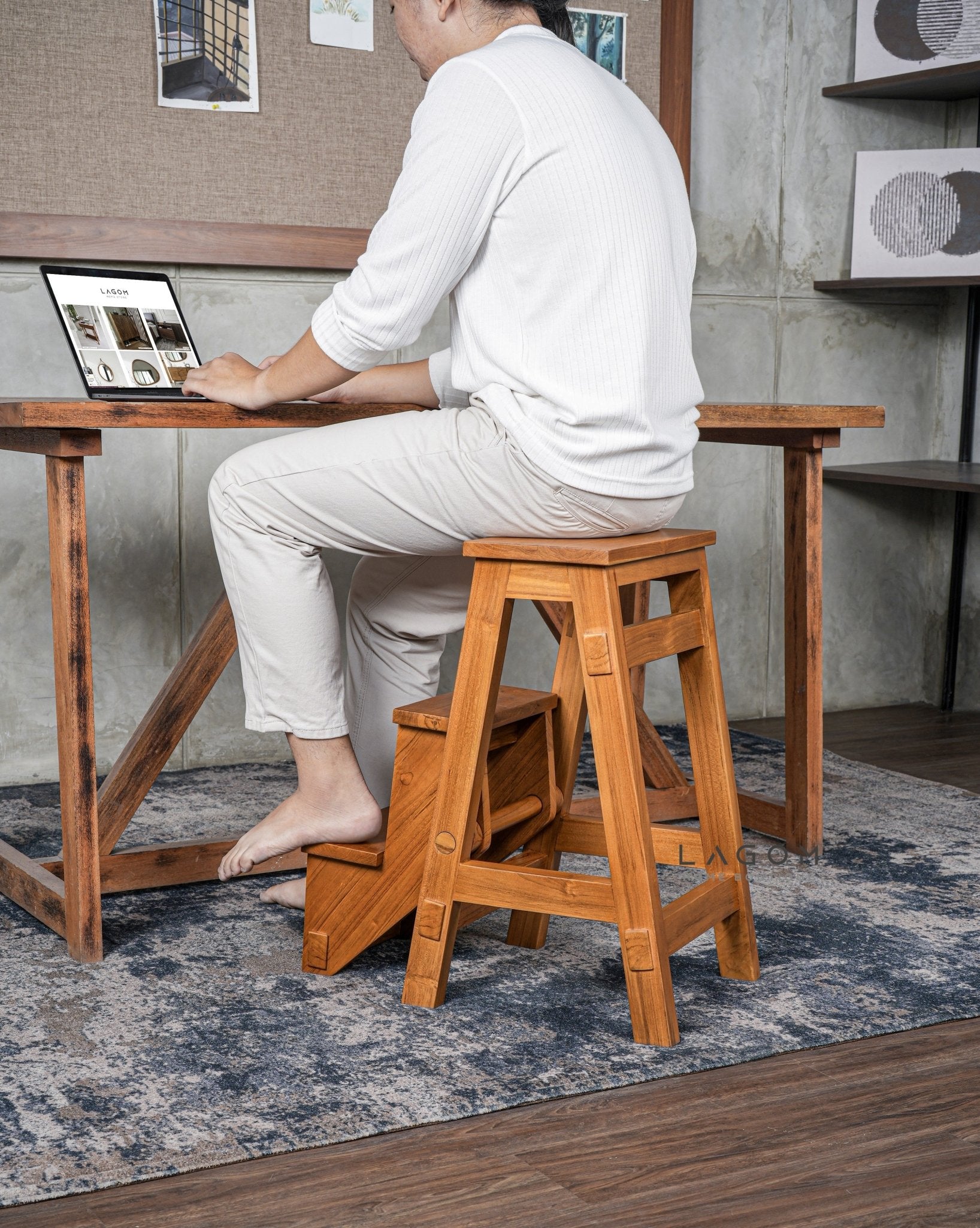 Teak Wood Convertible Step Stool & Bar Chair - Step Stool - Lagom Home Boutique