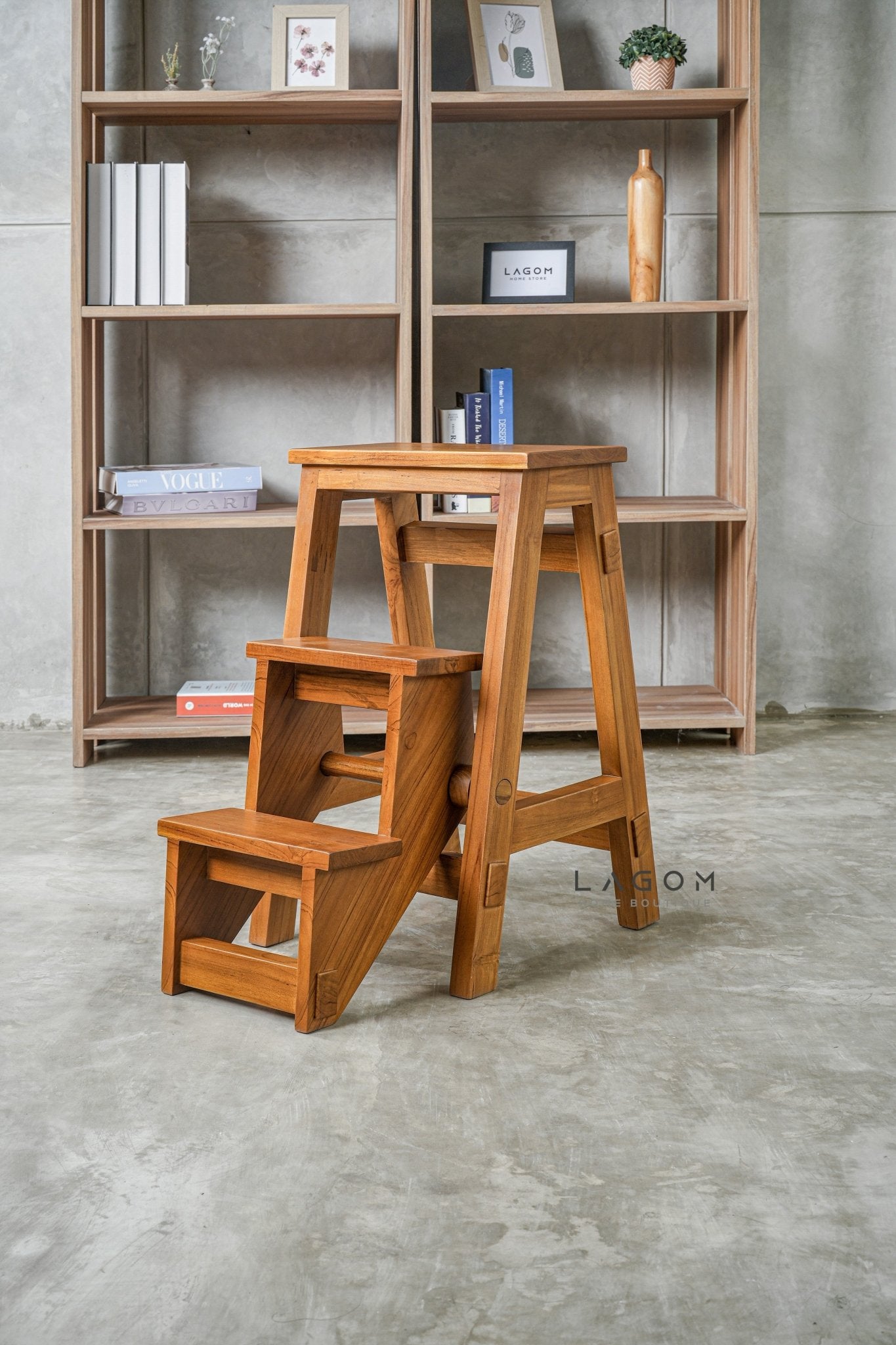 Teak Wood Convertible Step Stool & Bar Chair - Step Stool - Lagom Home Boutique