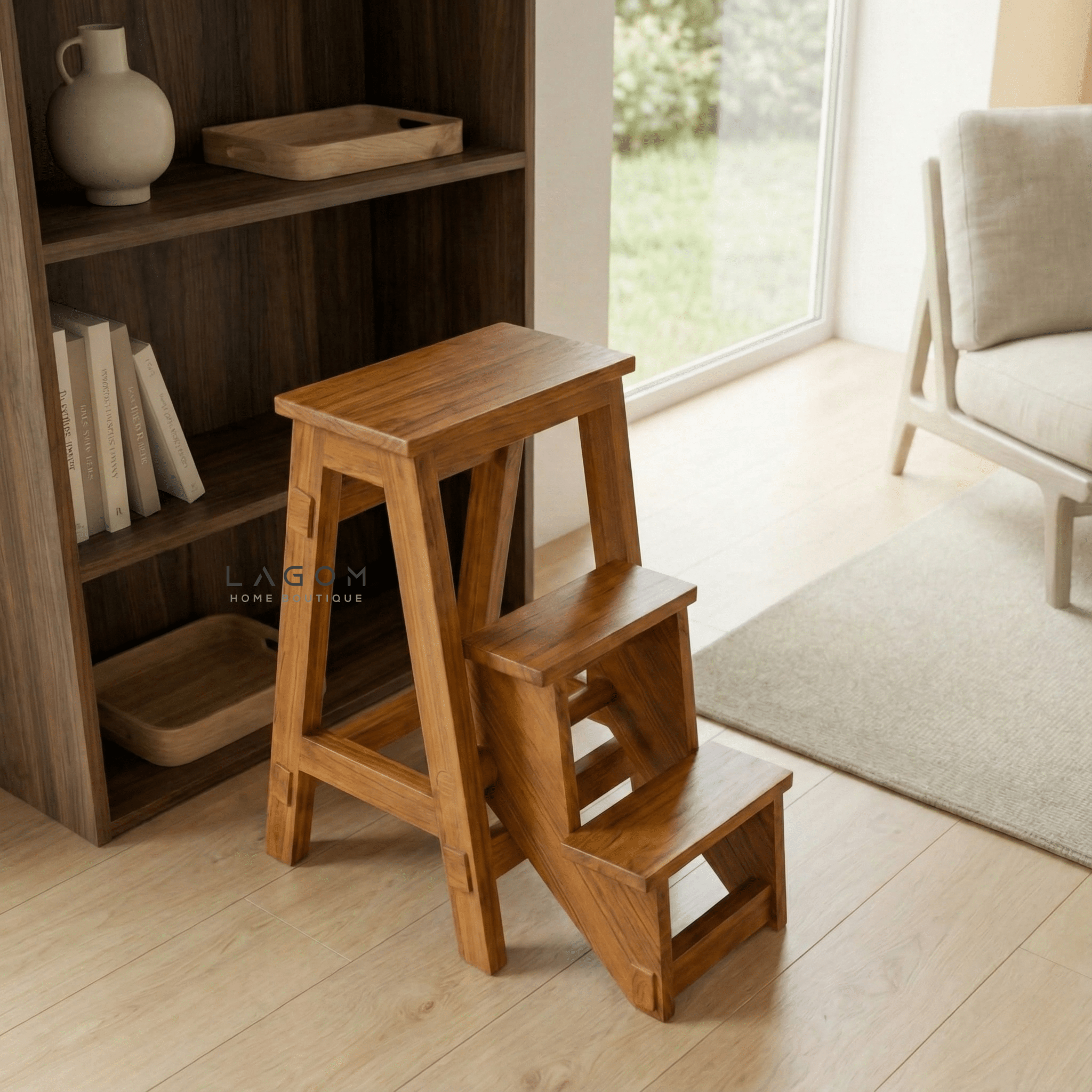 Teak Wood Convertible Step Stool & Bar Stool - Step Stool - Lagom Home Boutique